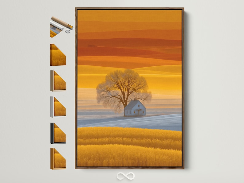 Golden sunset countryside landscape with a leafless tree and a small farmhouse