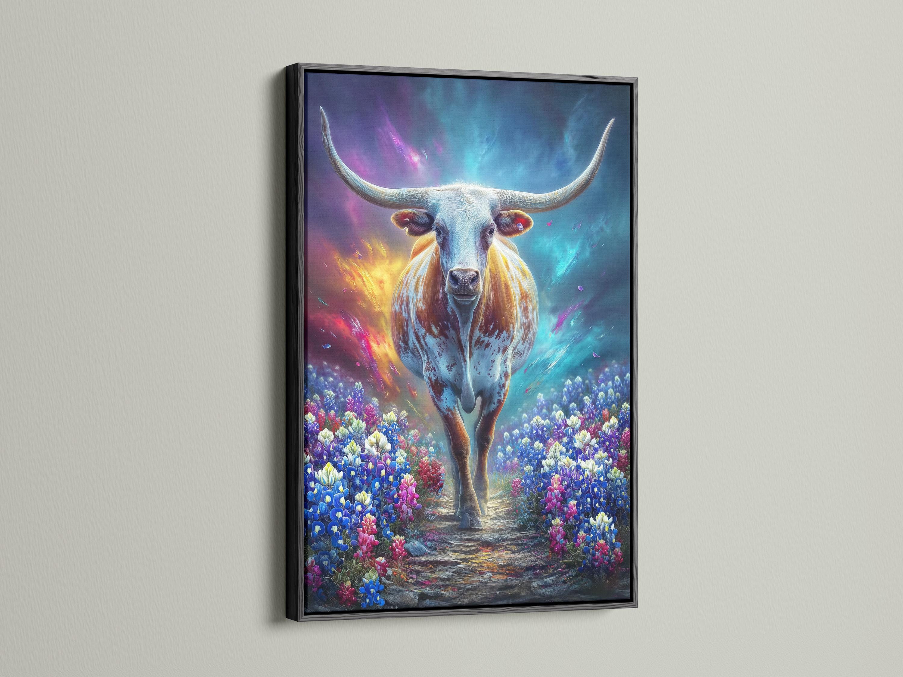 Longhorn bull standing in a colourful wildflower field under a glowing blue-purple sky detail view