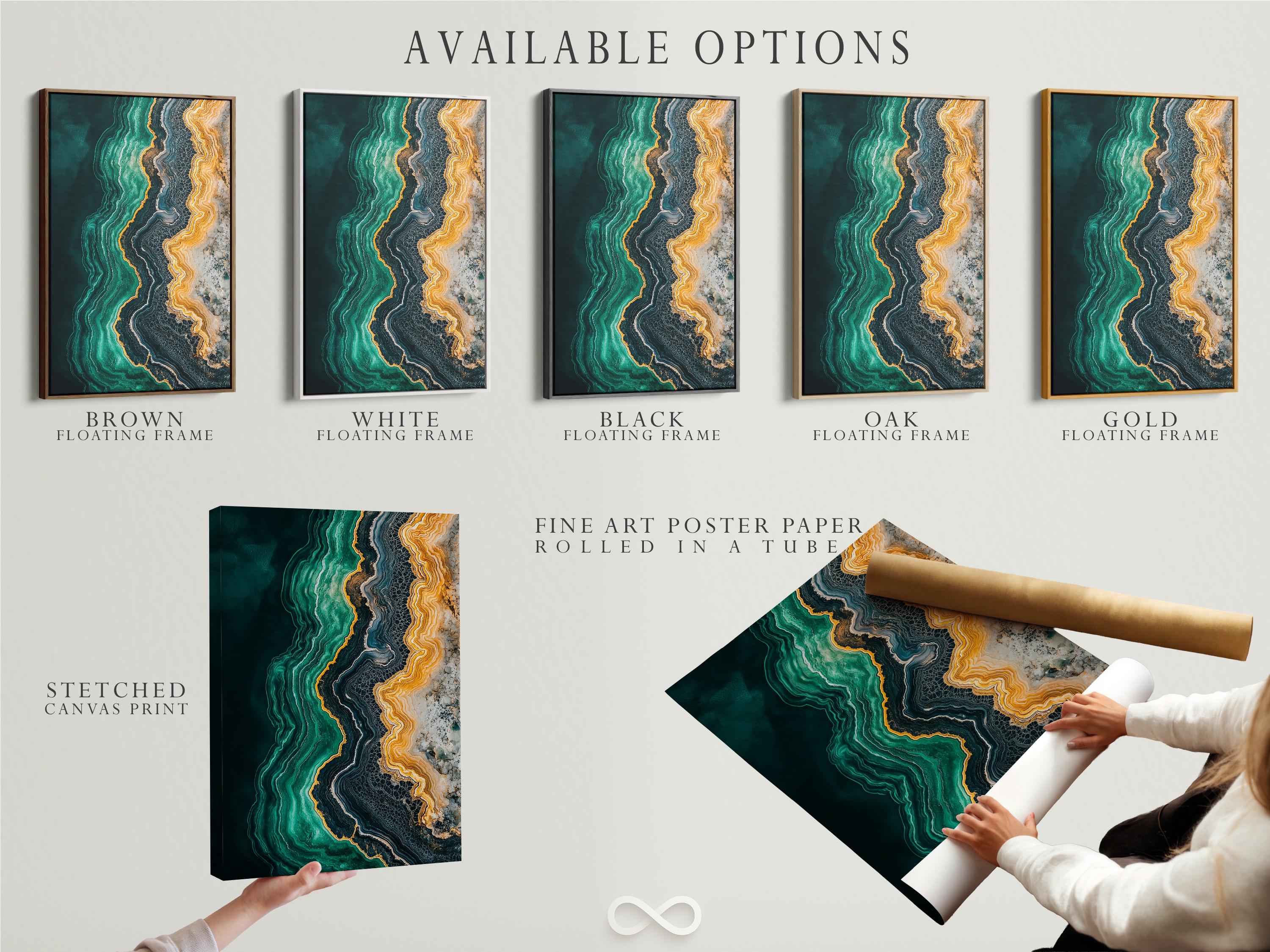 Office room mockup featuring a teal and gold abstract agate-style artwork on a wall