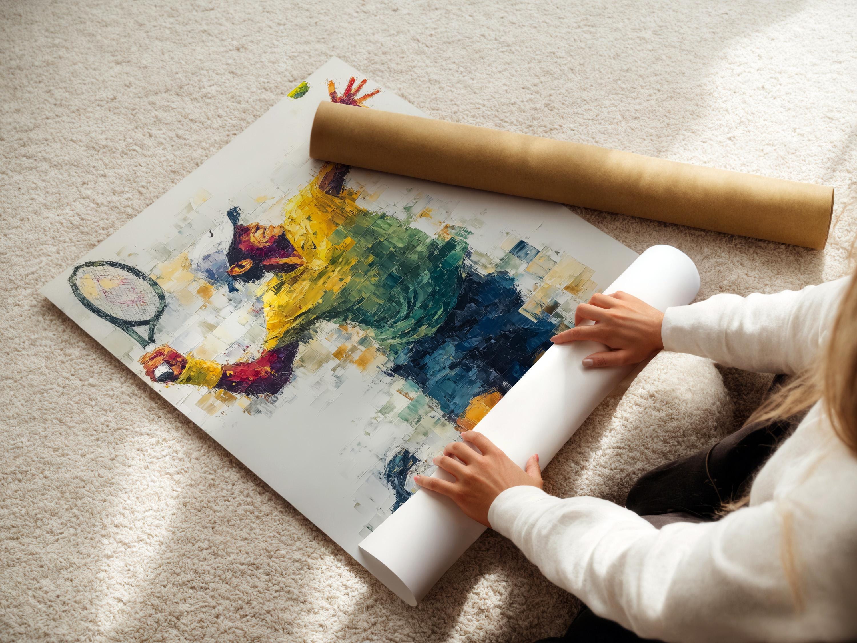 Room mockup showing framed abstract tennis player artwork with yellow, blue and teal colour blocks