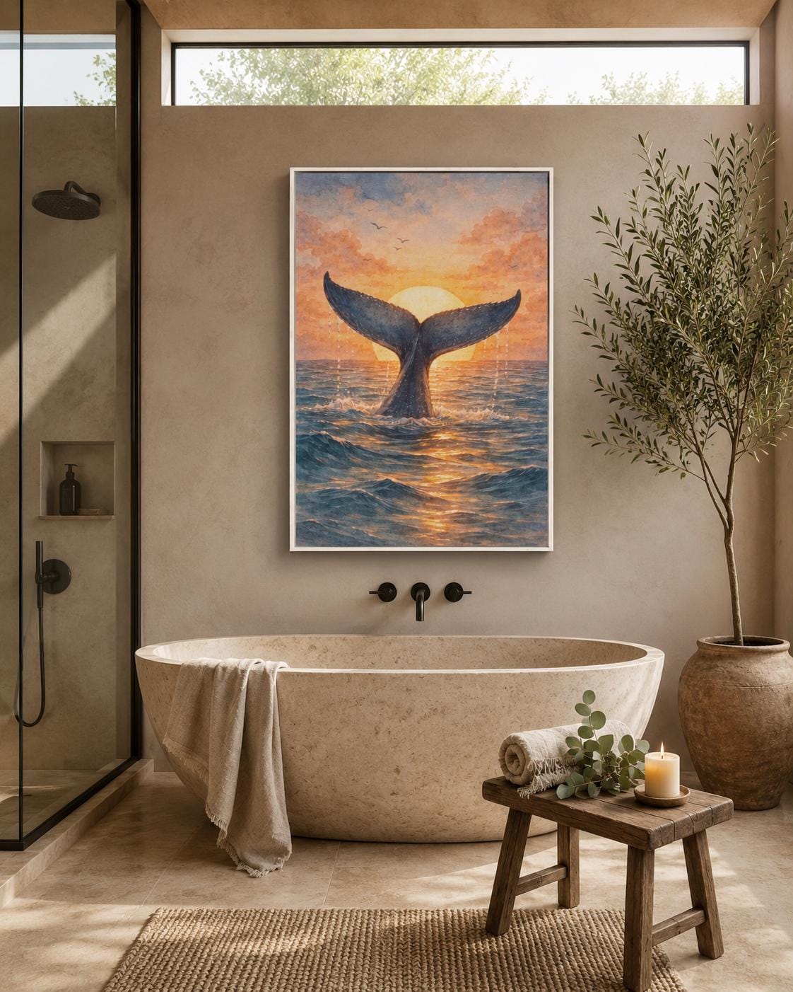 Whale tail sunset artwork hanging in a coastal cafe setting with signs and shelves