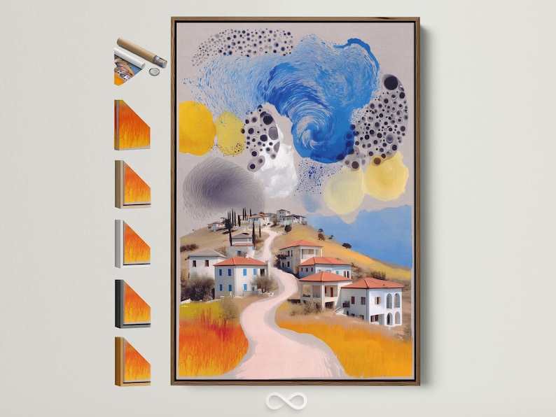 Stylised village landscape with a swirling blue sky and warm yellow and orange fields