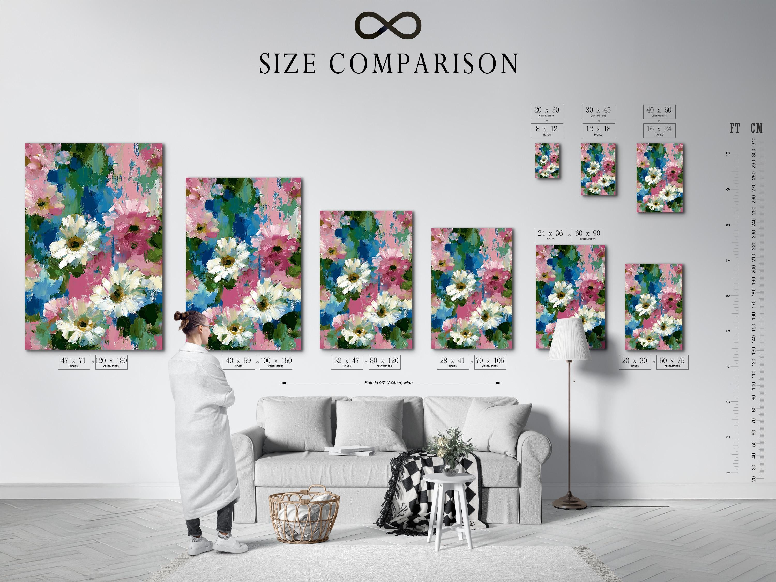 Room mockup showing a framed floral artwork with pink, white, teal and green brush textures