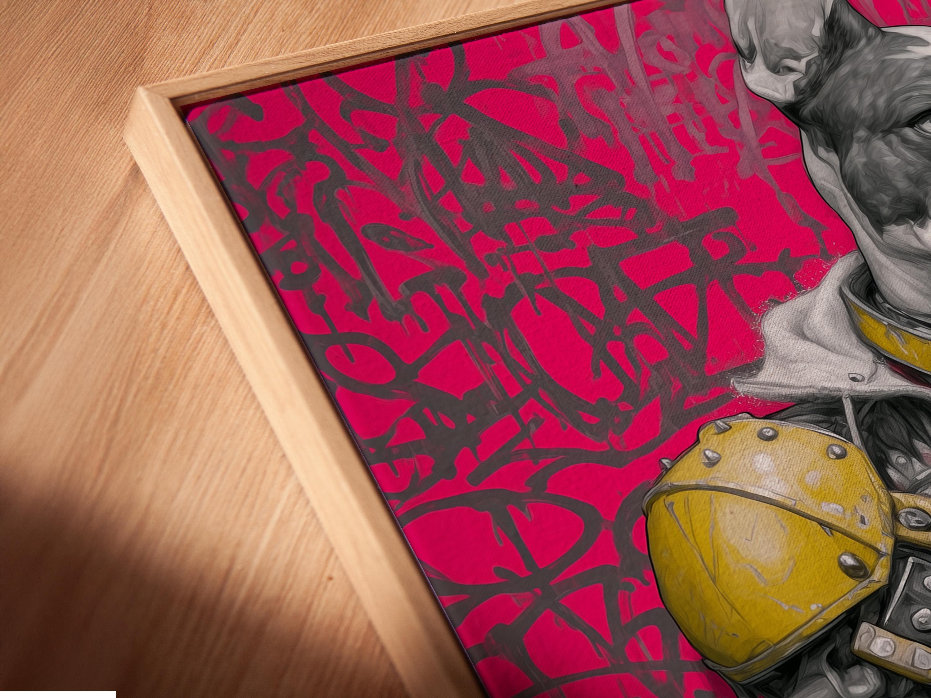 Stylised astronaut dog illustration with a pink graffiti background and yellow accents detail view
