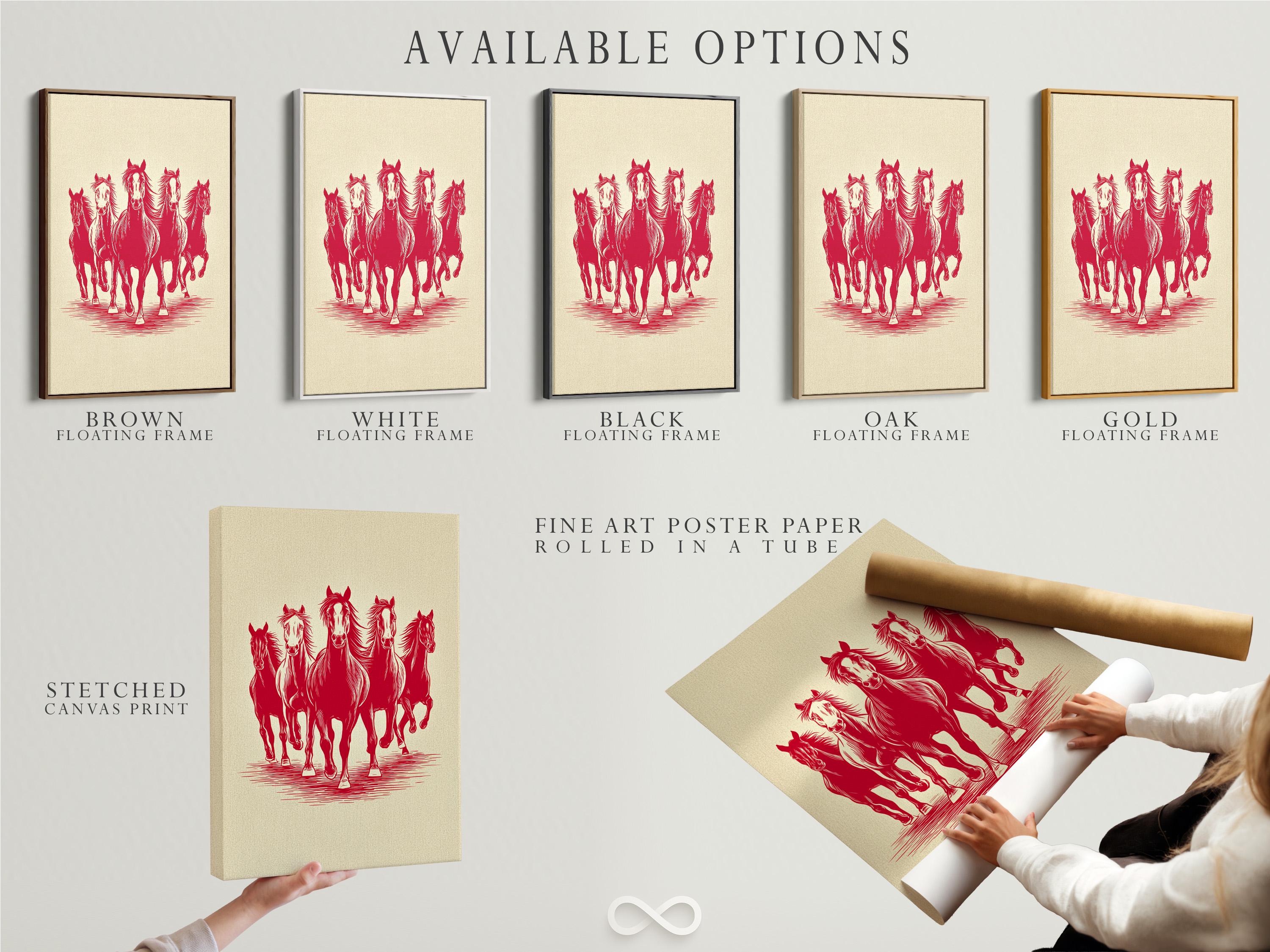 Red silhouette of four running horses on a cream background with striped ground detail view