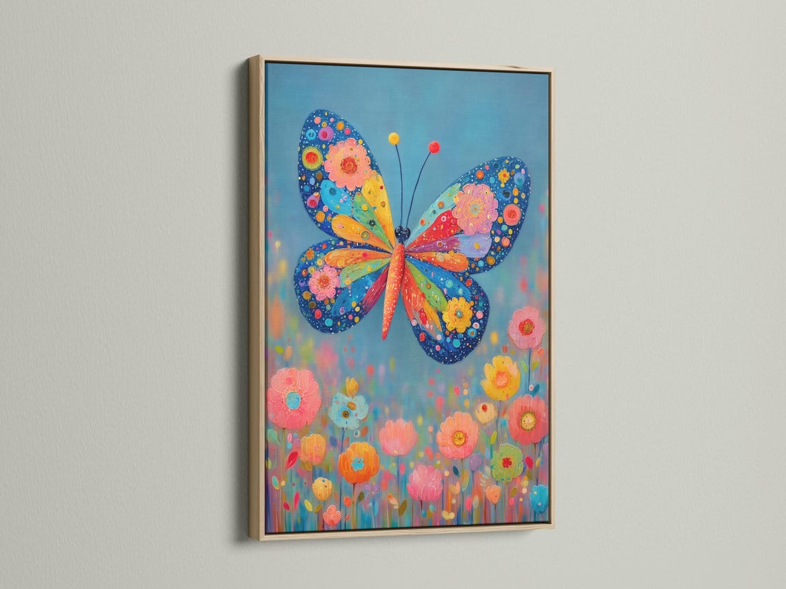 A bright stylised butterfly with patterned wings over colourful flowers on a blue background detail view