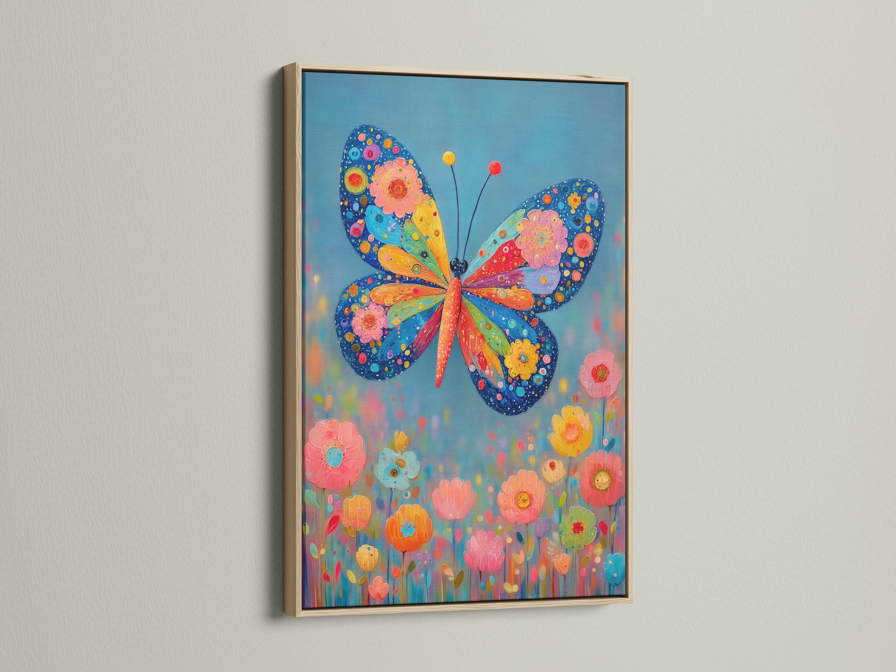 A bright stylised butterfly with patterned wings over colourful flowers on a blue background detail view