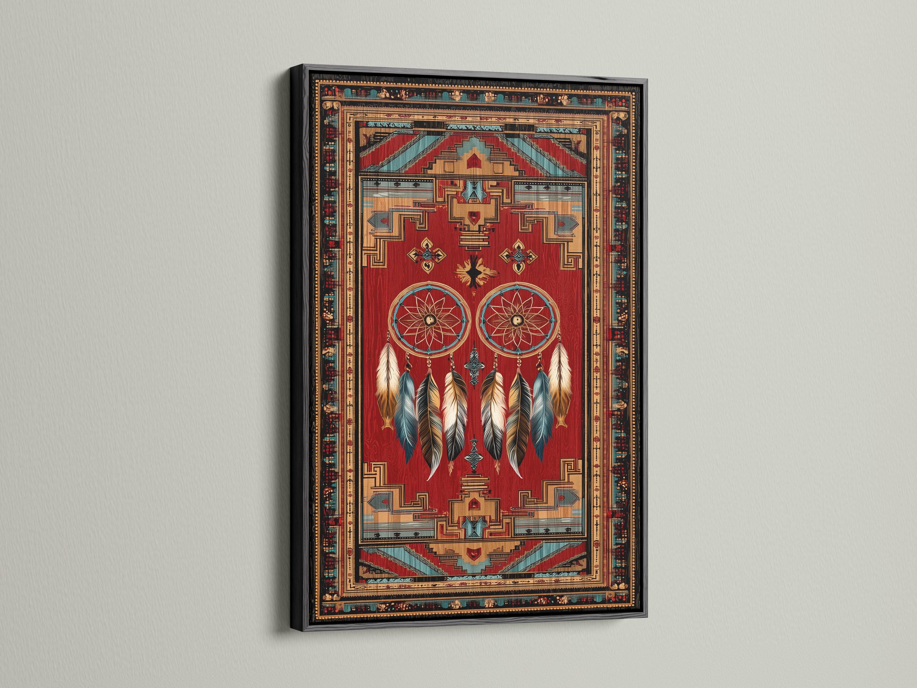 Dreamcatcher wall art with red background, teal circular webs, hanging feathers and geometric border detail view