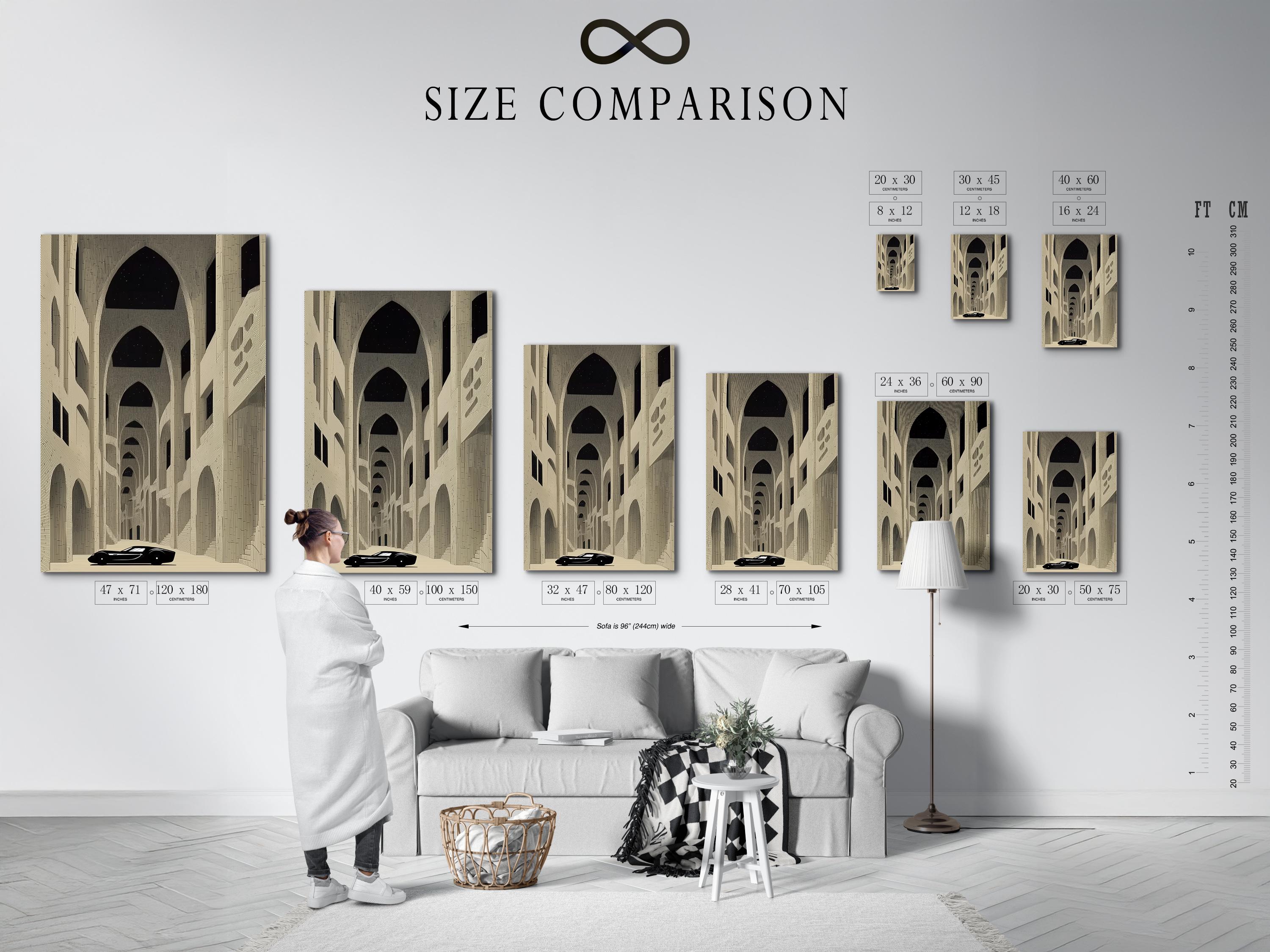 Room mockup showing a framed beige architecture artwork with arches and a dark car silhouette