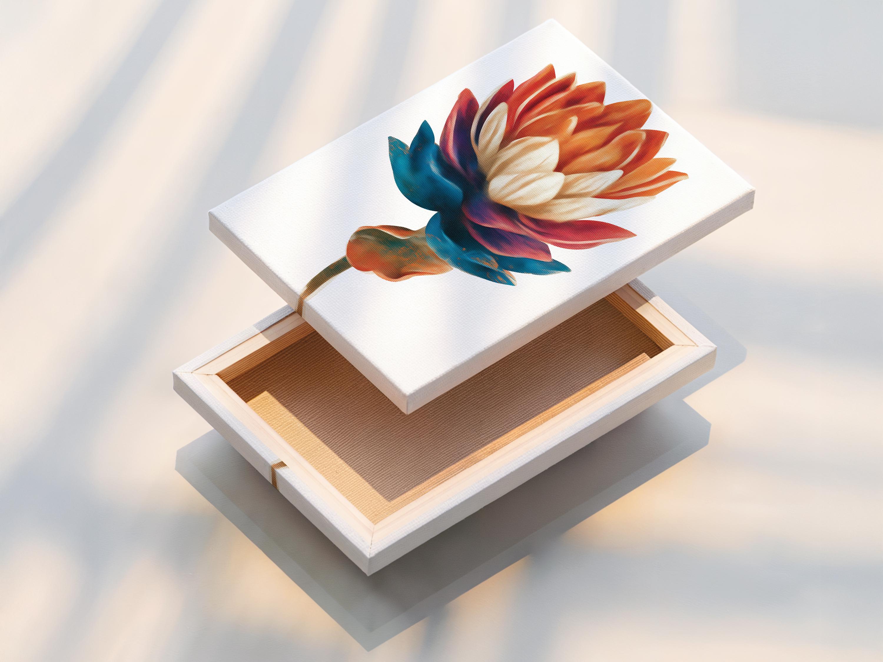 Stylised flower artwork with teal and coral petals and a cream centre on a pale background detail view