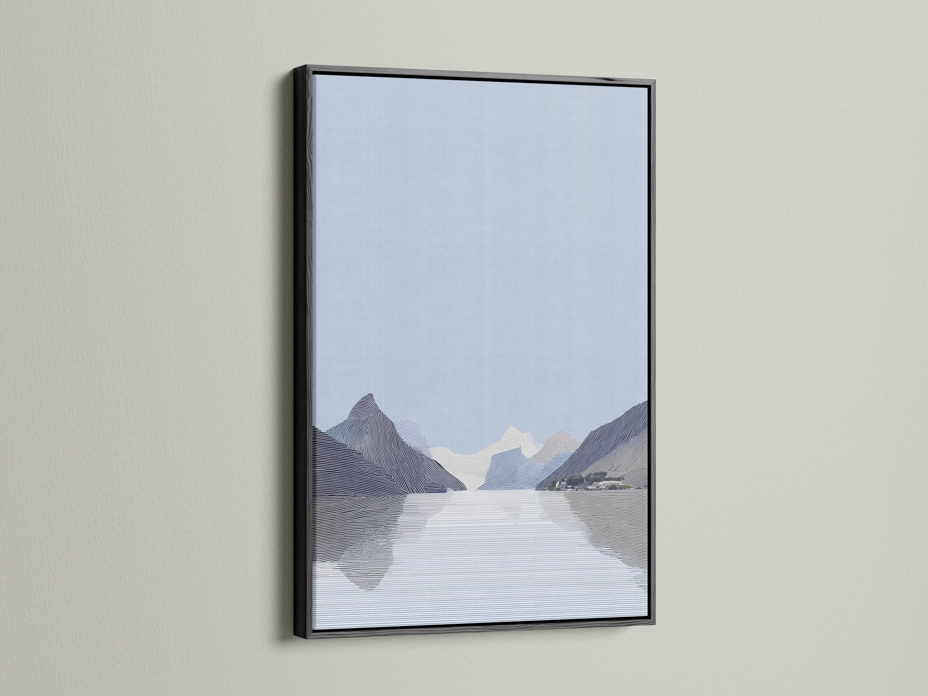 Person viewing an abstract mountain artwork in a modern room mockup
