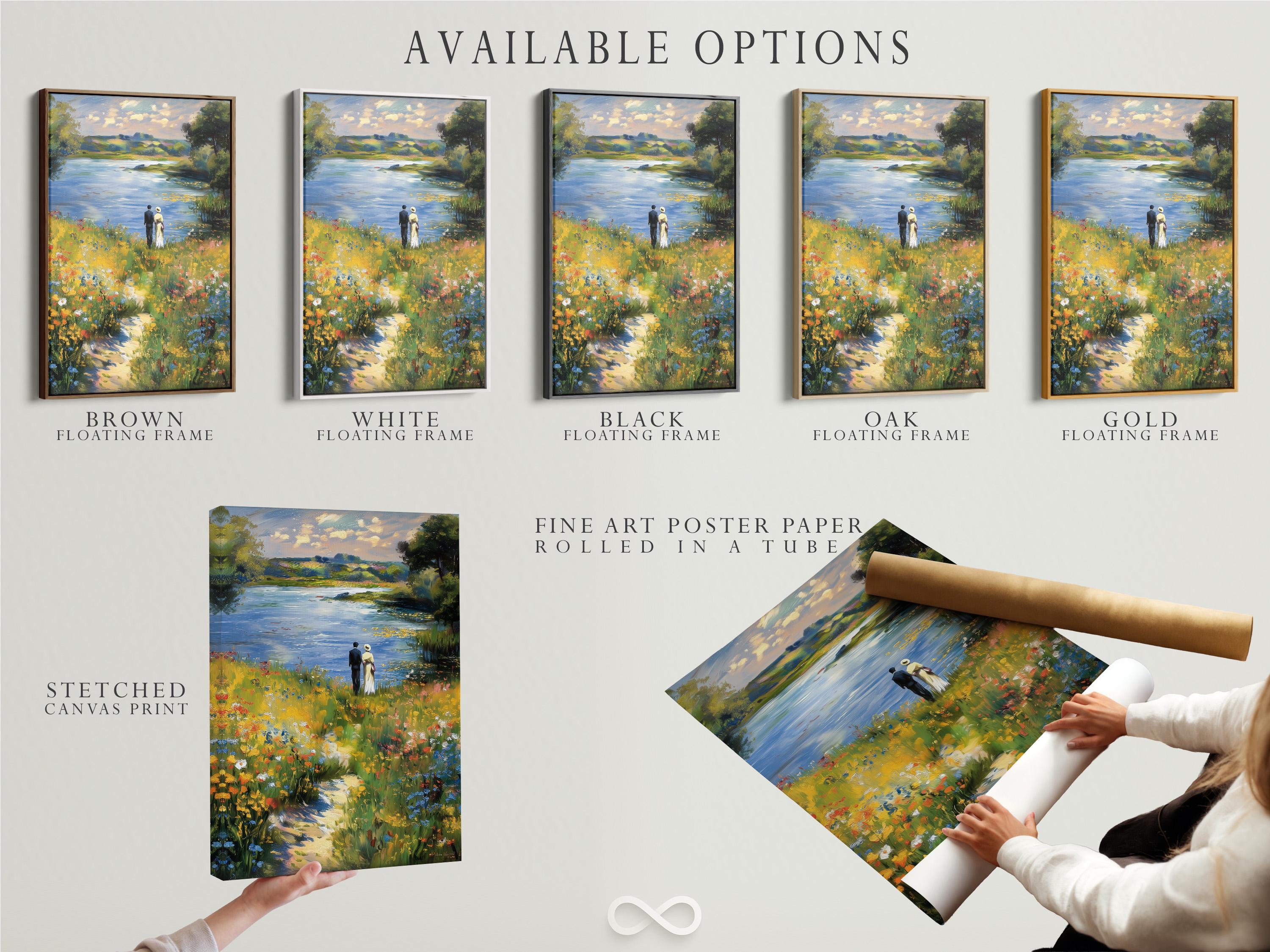 Impressionist lakeside meadow painting with two people standing near the shore and wildflowers detail view