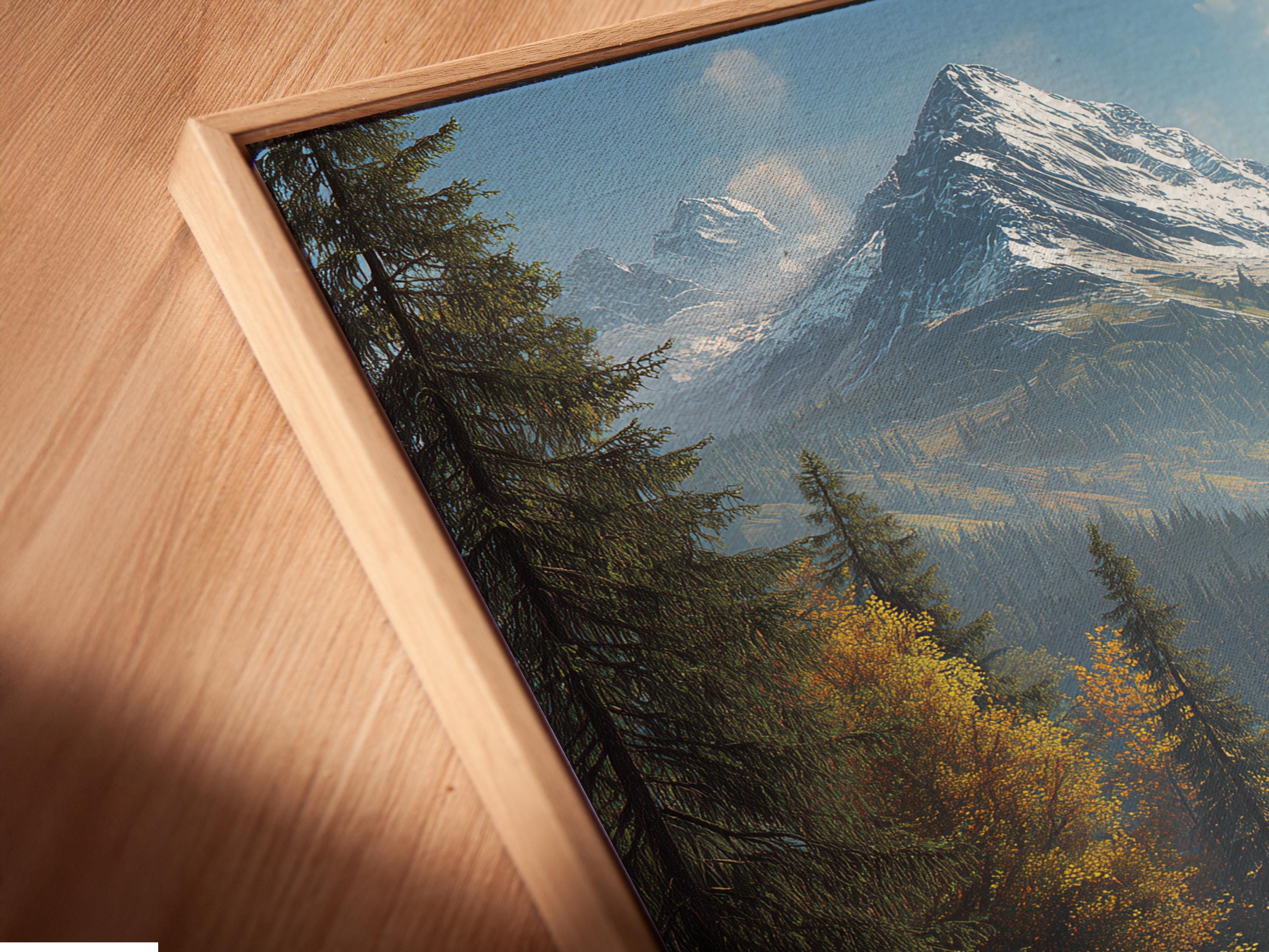 Teal mountain river landscape with evergreen forest, golden foliage and snow-capped peaks detail view