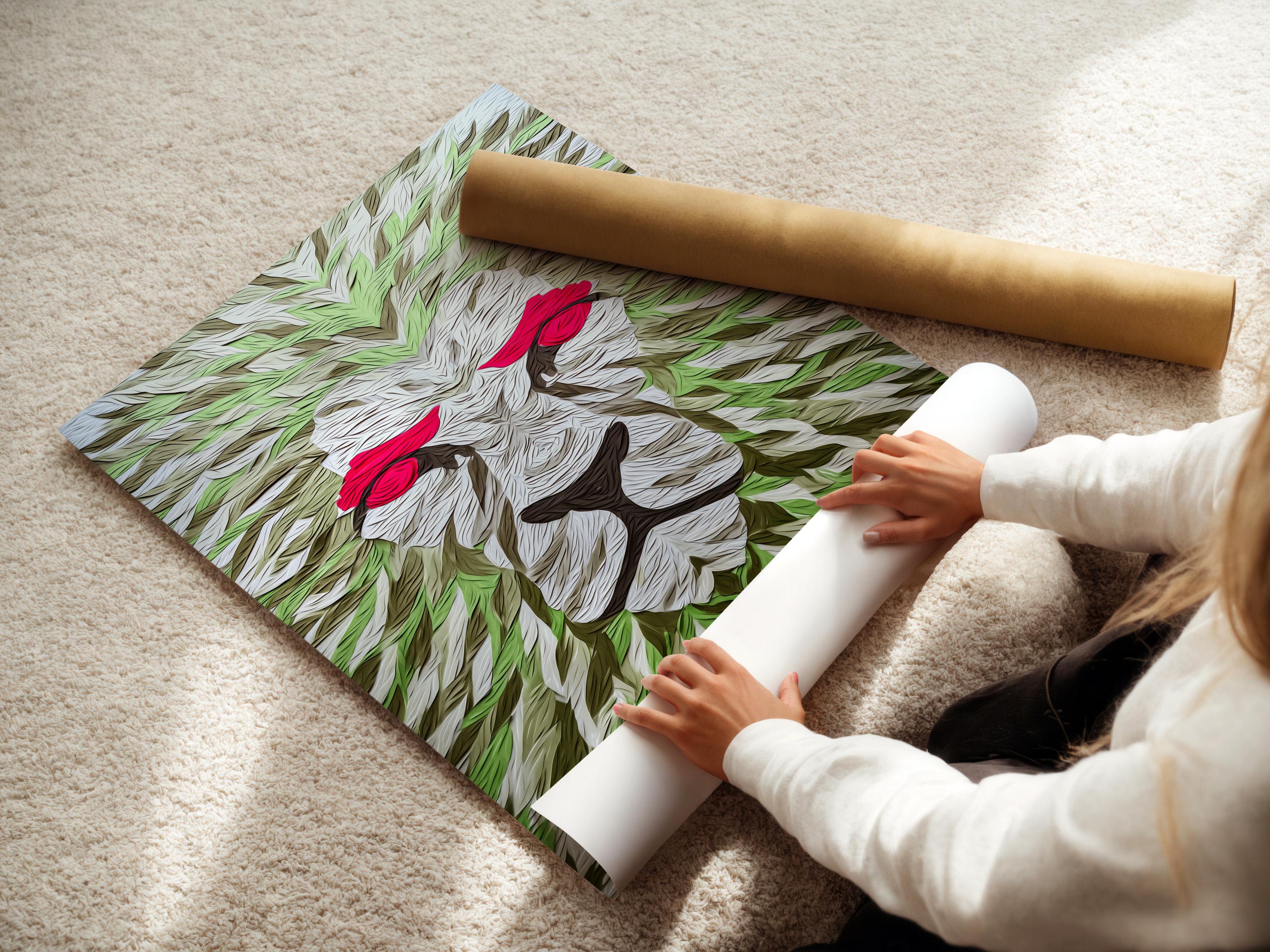 Room mockup showing a large lion artwork with green leaf pattern and red eyes above a bed