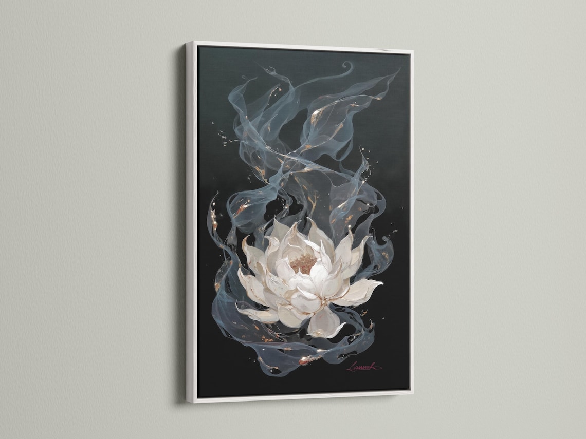 Painterly white lotus flower with swirling blue-grey petals and gold flecks on a dark background detail view