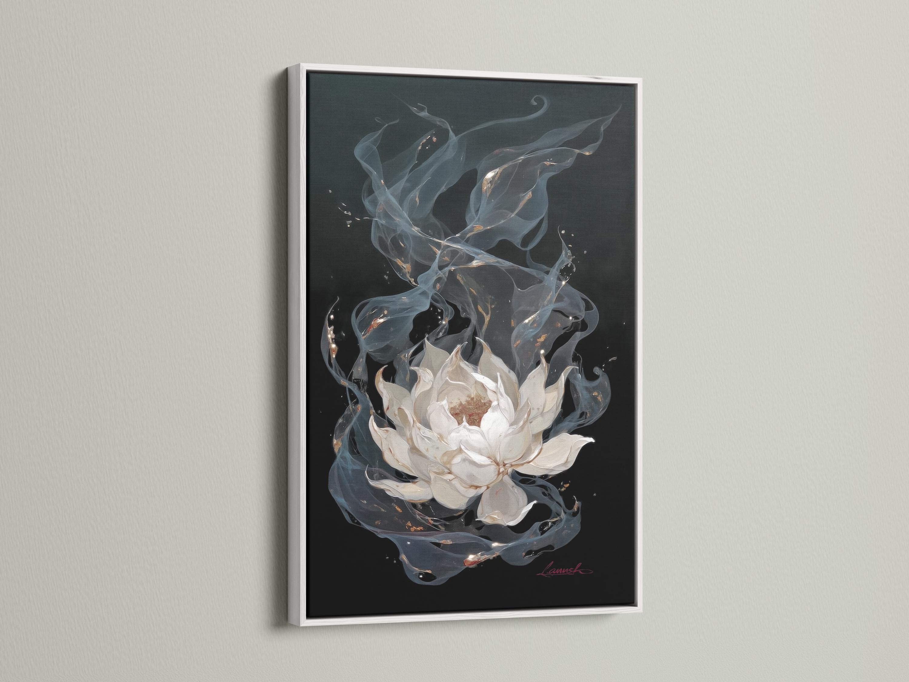 Painterly white lotus flower with swirling blue-grey petals and gold flecks on a dark background detail view