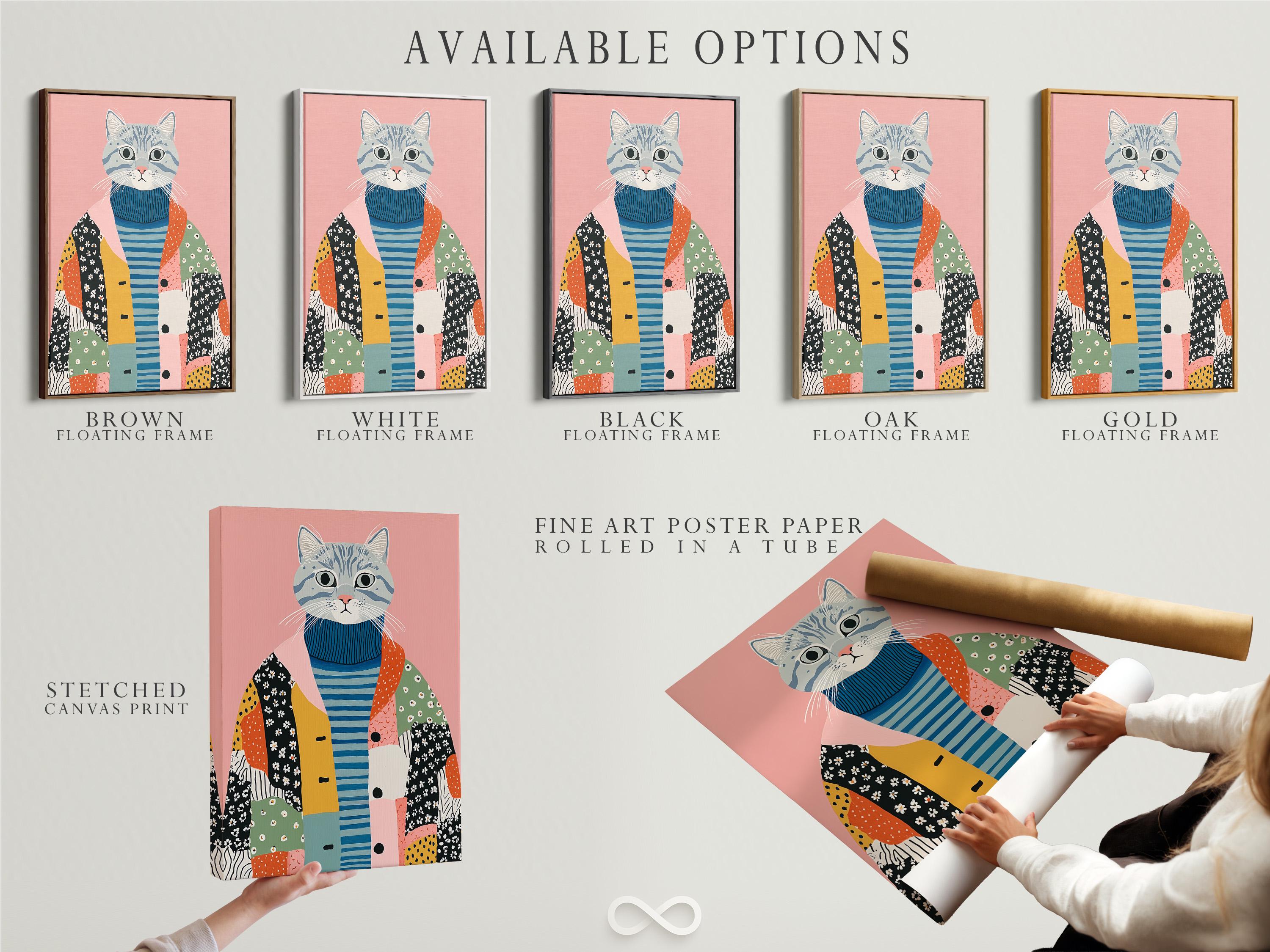 A pink background cat portrait wearing a blue striped sweater with patchwork shapes below detail view