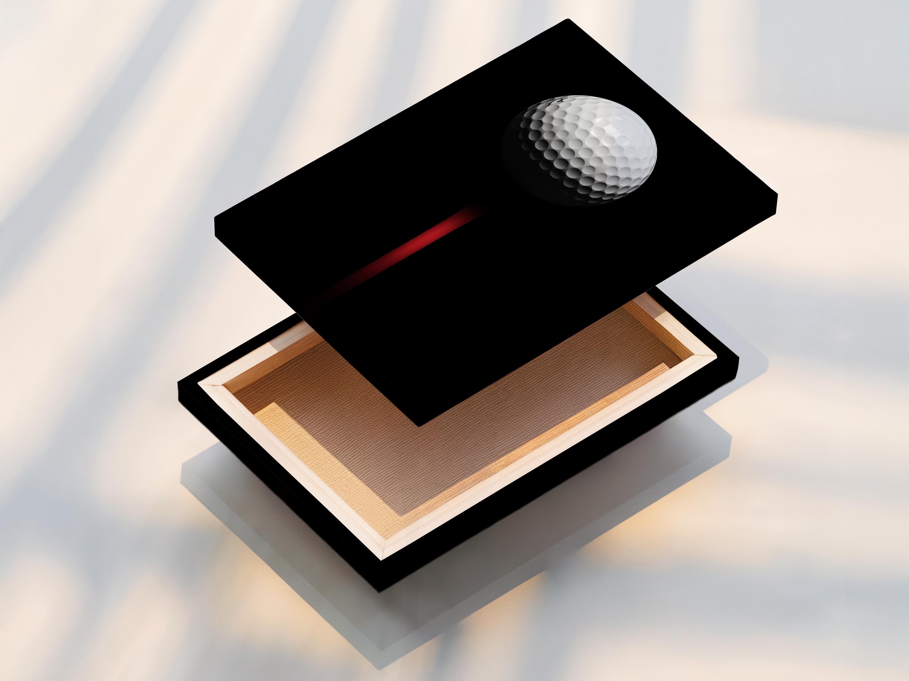 Minimalist golf ball design on a black background with a vivid red vertical accent detail view