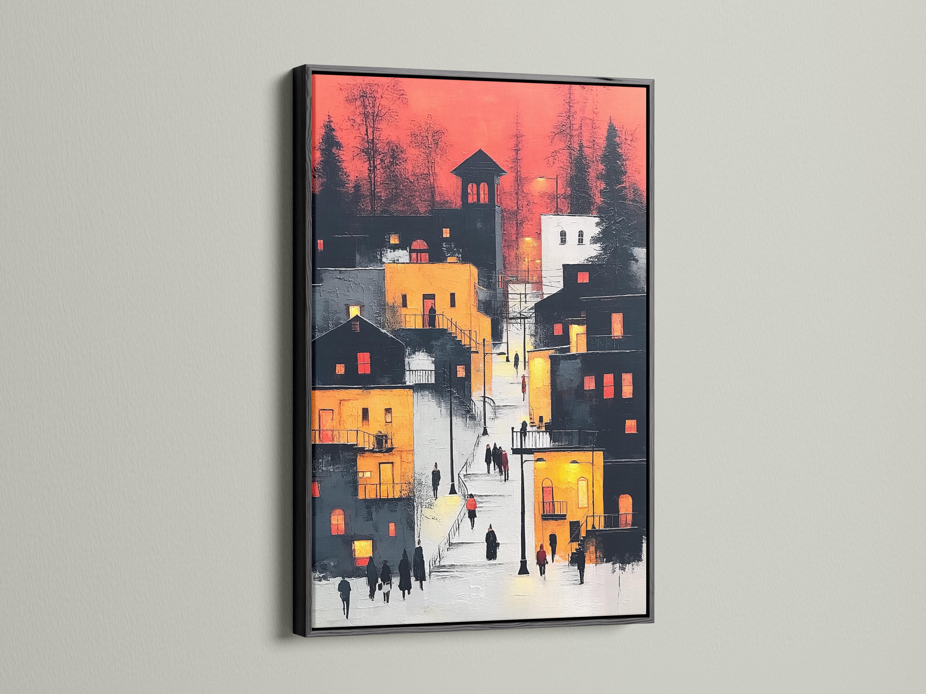 Painterly urban street scene with red sky, grey buildings, warm amber highlights and small walking figures detail view