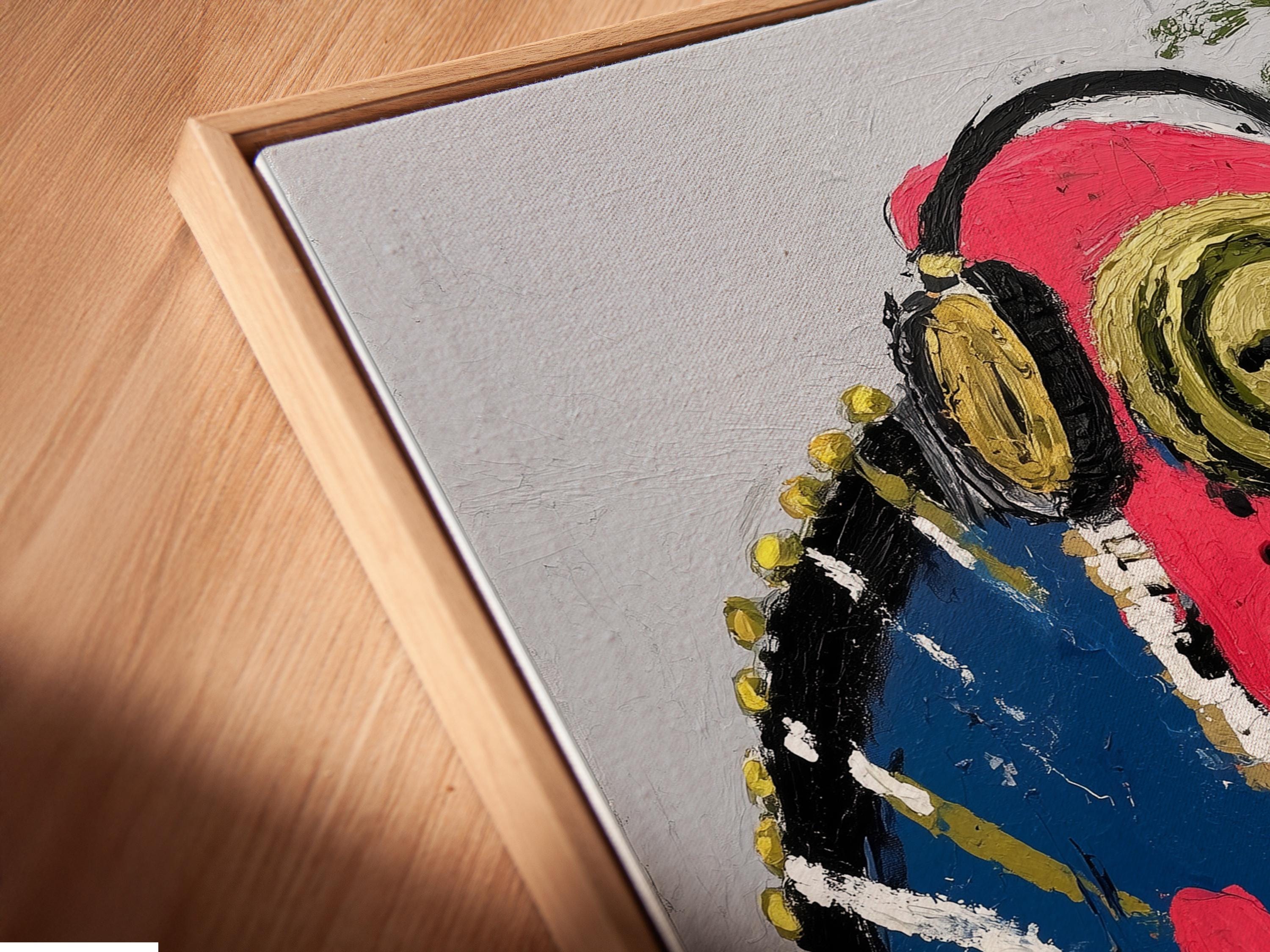 Stylised red iguana DJ illustration with oversized headphones, tropical leaves and a console detail view