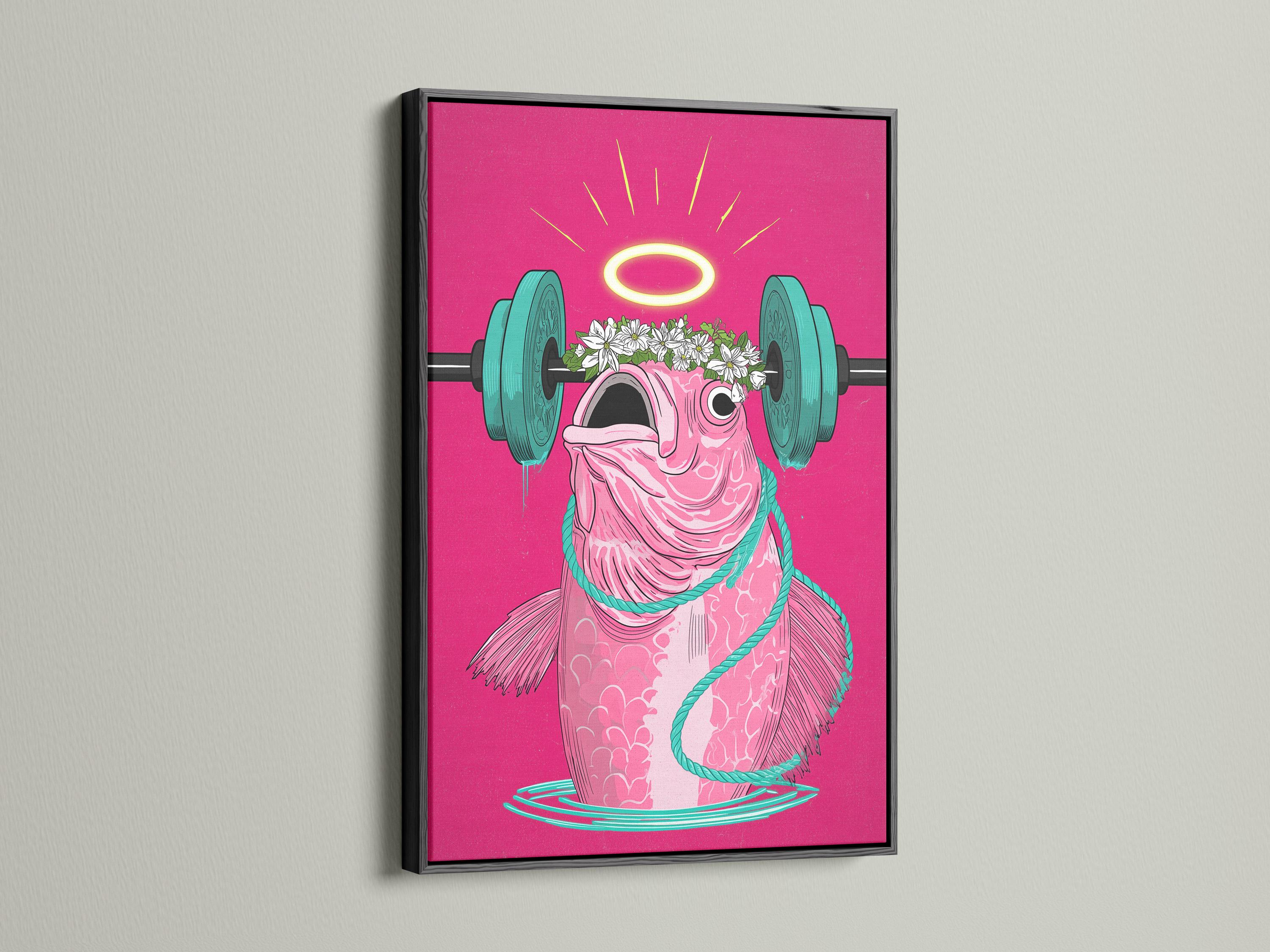 Stylised pink fish lifting a teal barbell with a yellow halo and white flowers detail view