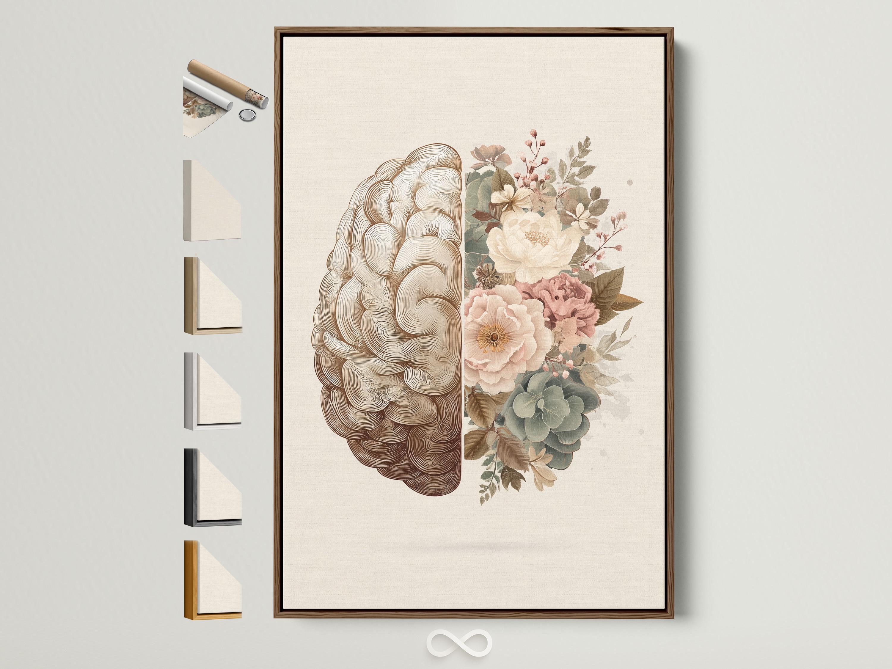 Person reading beside a framed split brain and floral artwork on a floor in a softly lit room