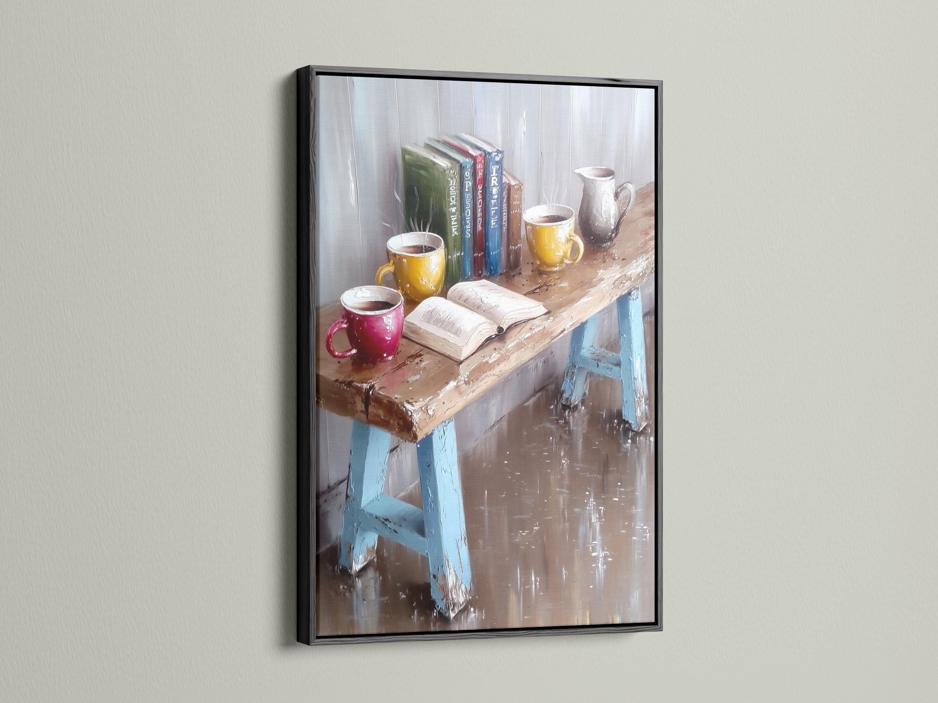 Painterly still life showing books and coffee mugs with warm highlights on a textured grey-blue background detail view