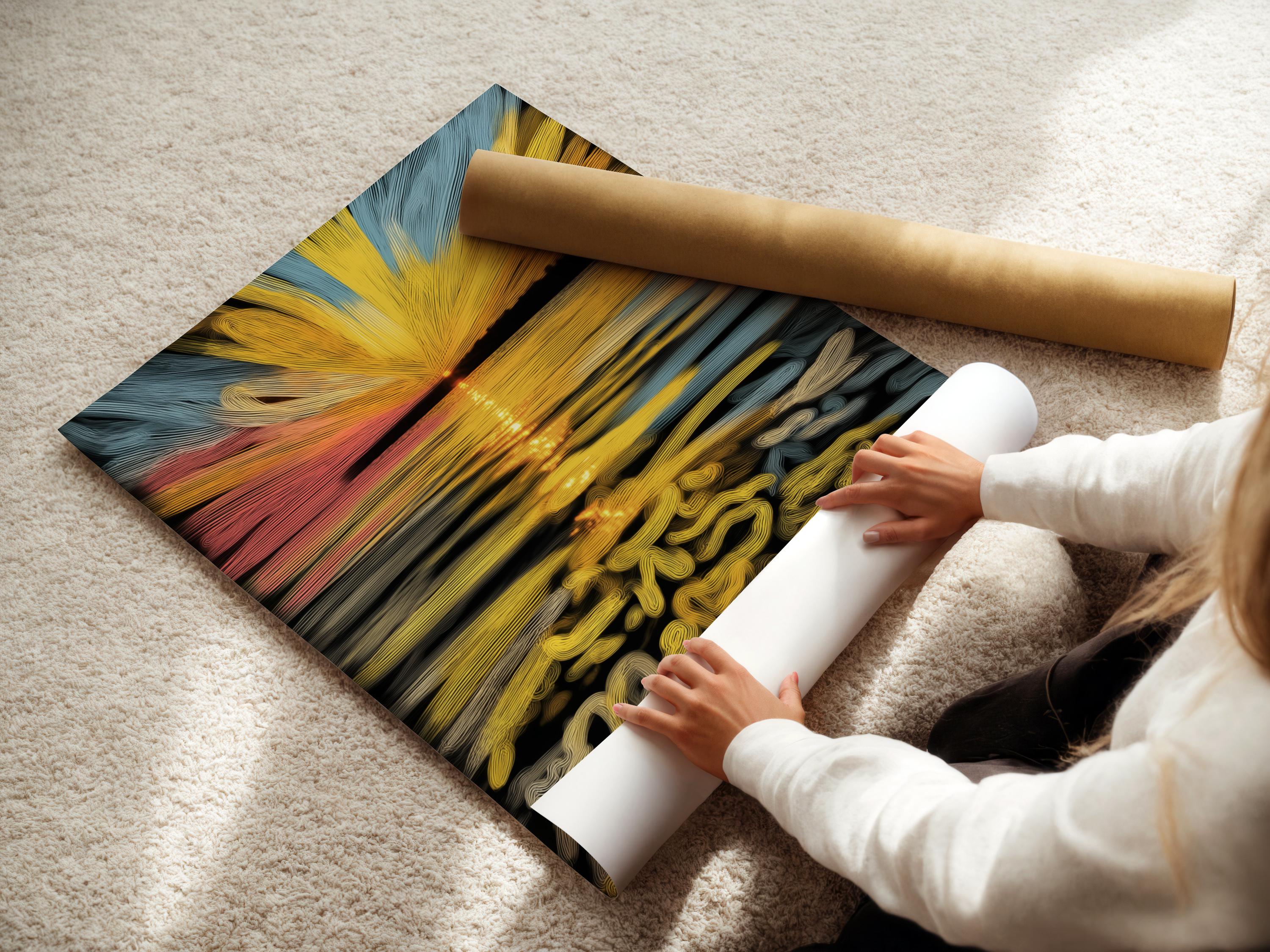 Abstract sunrise seascape with a golden sunburst over blue and peach horizon and shimmering wave reflections detail view