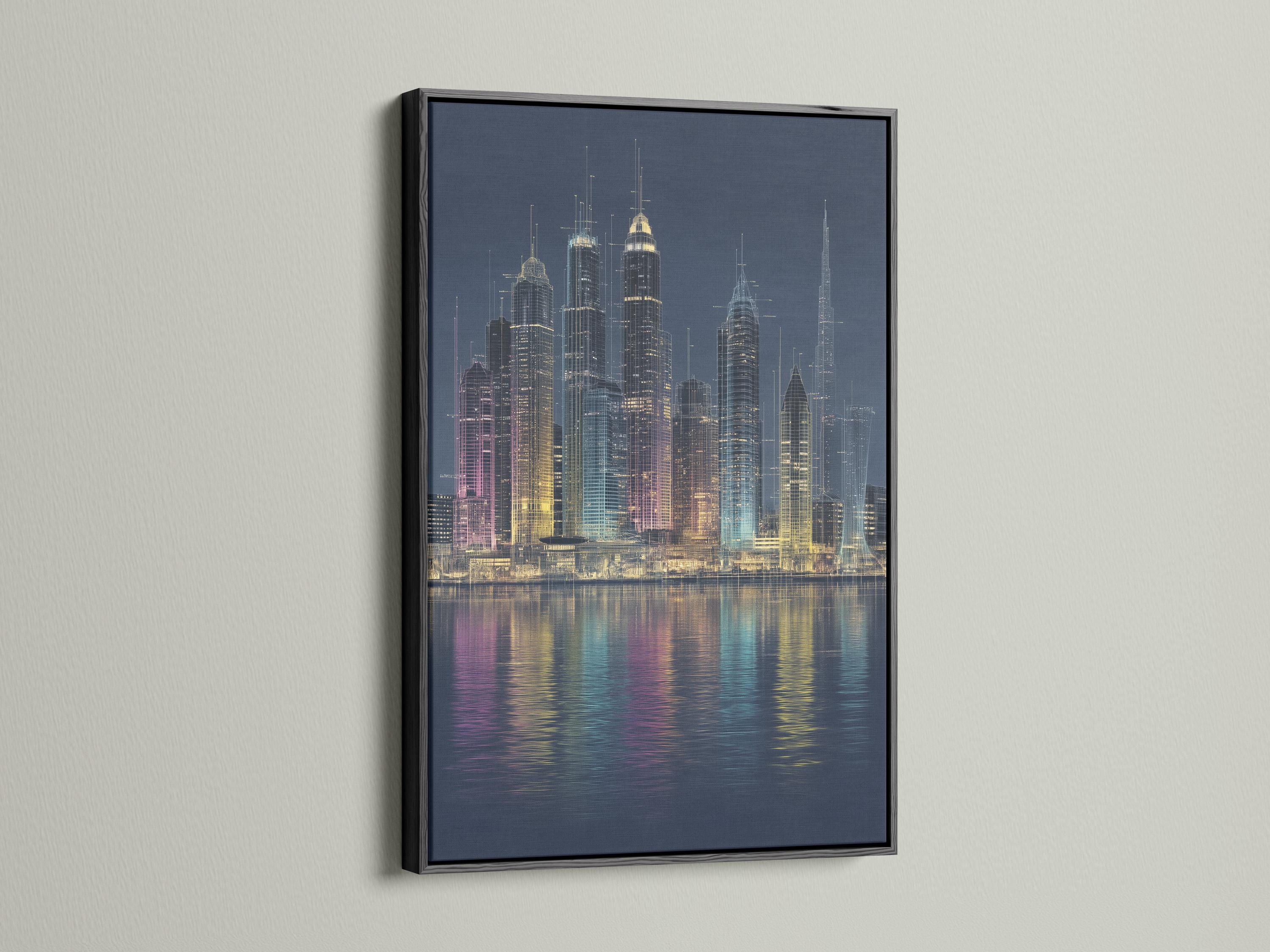Night city skyline with glowing skyscrapers and reflections on dark water detail view