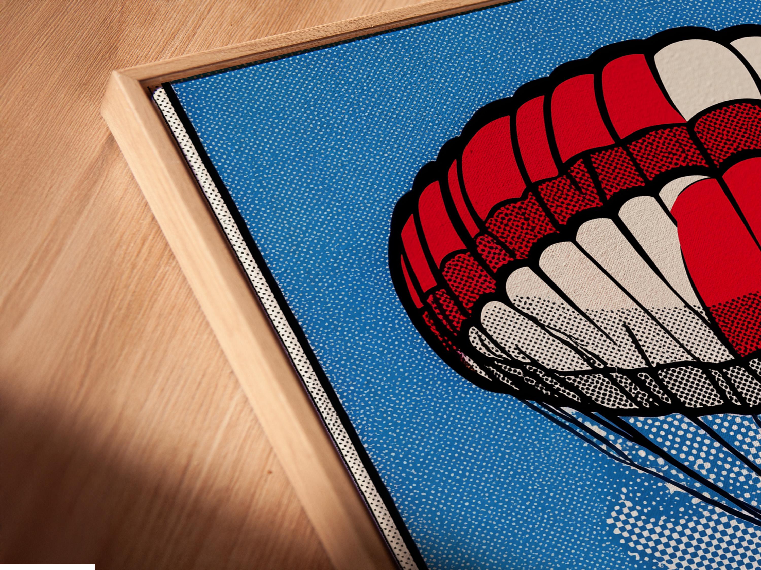 Red and white parachute pop art scene with blue dotted sky and clouds detail view