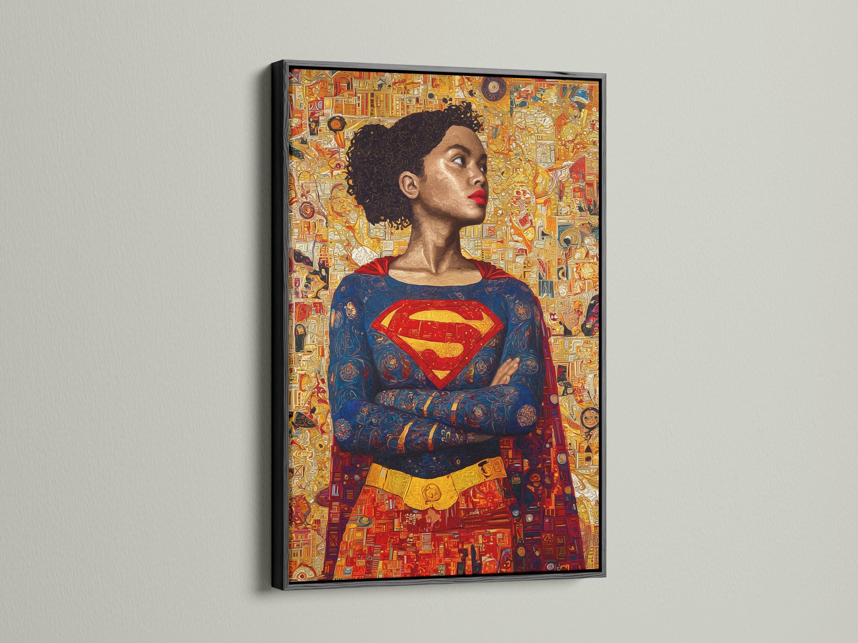 Room mockup showing a framed artwork of a superhero woman portrait on a wall