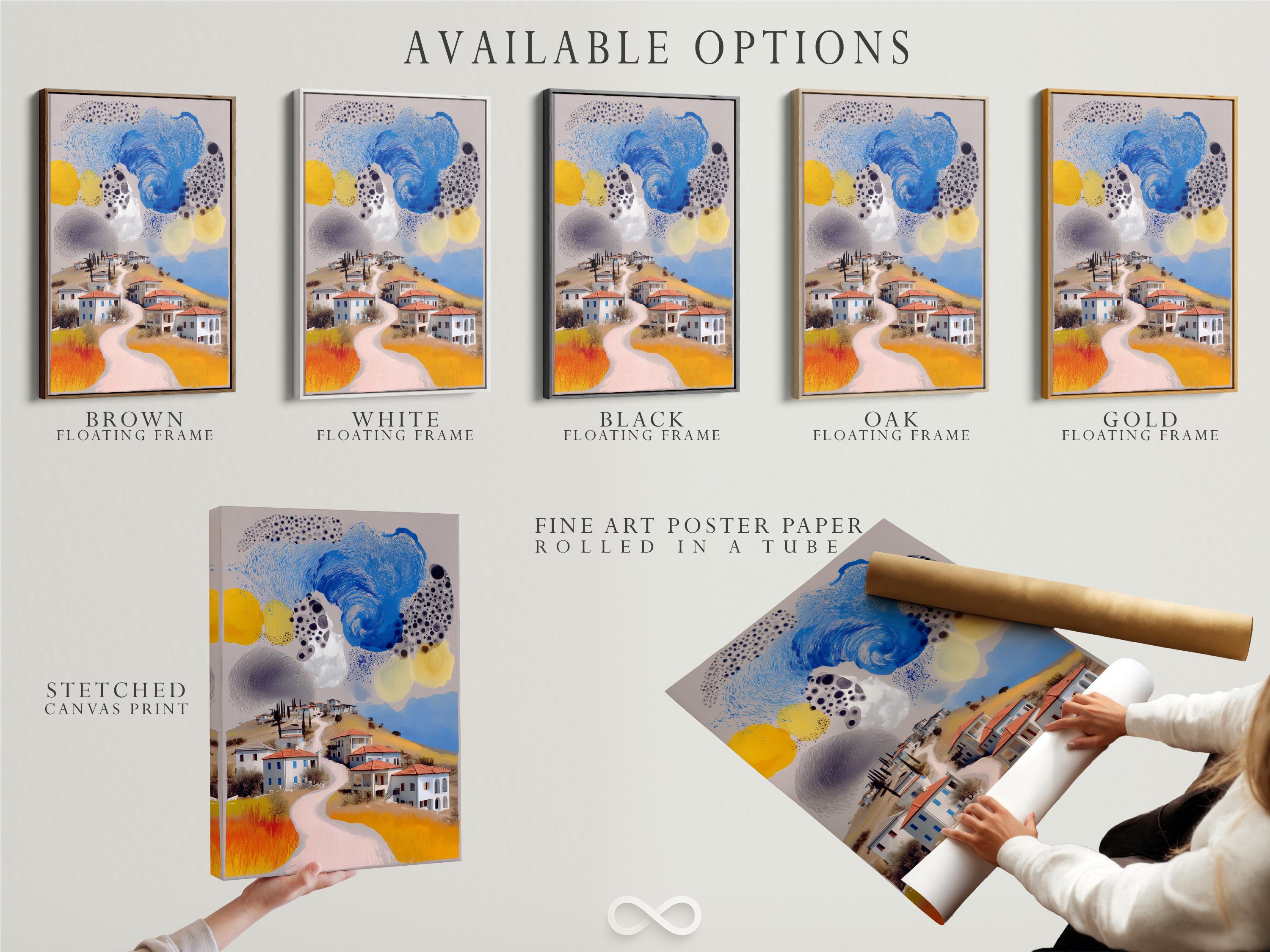 Room mockup featuring a framed stylised village landscape artwork with a swirling blue sky