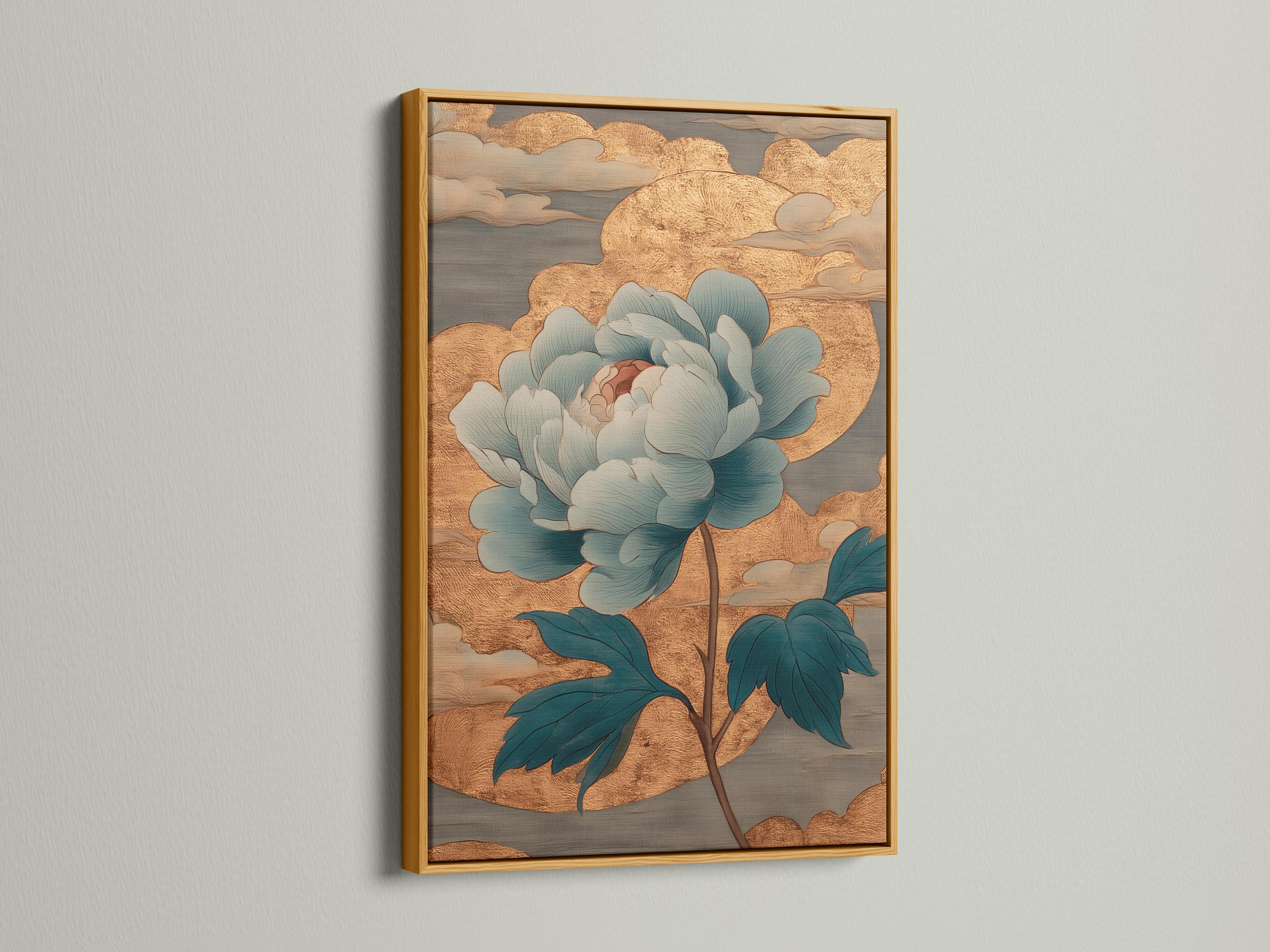 Teal and gold floral artwork with layered petals and leaves on a textured gold background detail view