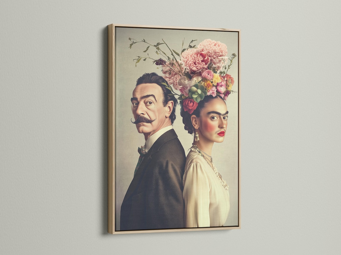 Mockup showing a framed couple portrait artwork with a floral head crown
