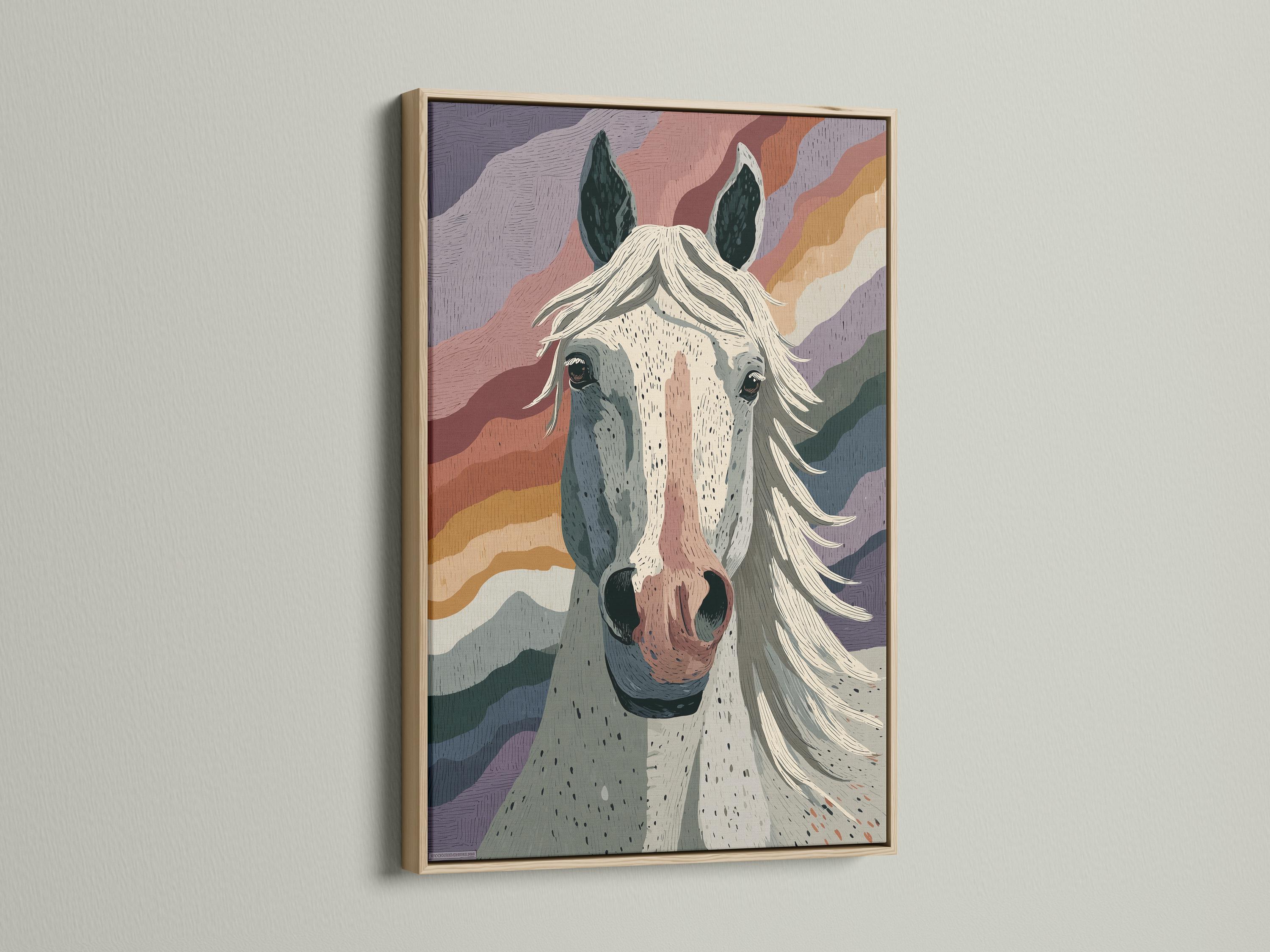 Abstract portrait of a horse head with cream muzzle, dark ears and flowing mane over layered wave-like bands detail view
