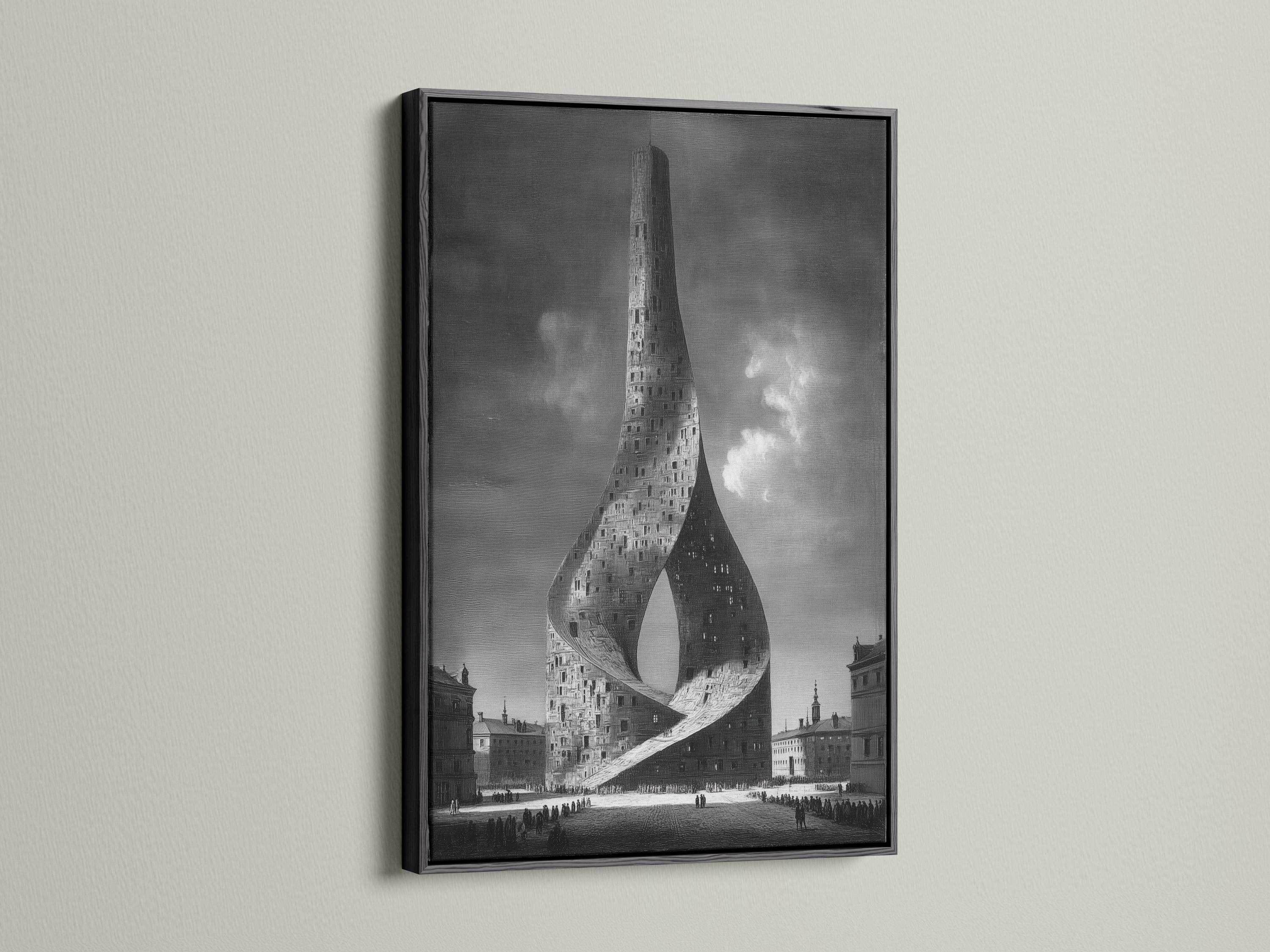 A monochrome cityscape shows a towering building formed into a surreal twisting ribbon shape with small crowds and dark skyline blocks detail view