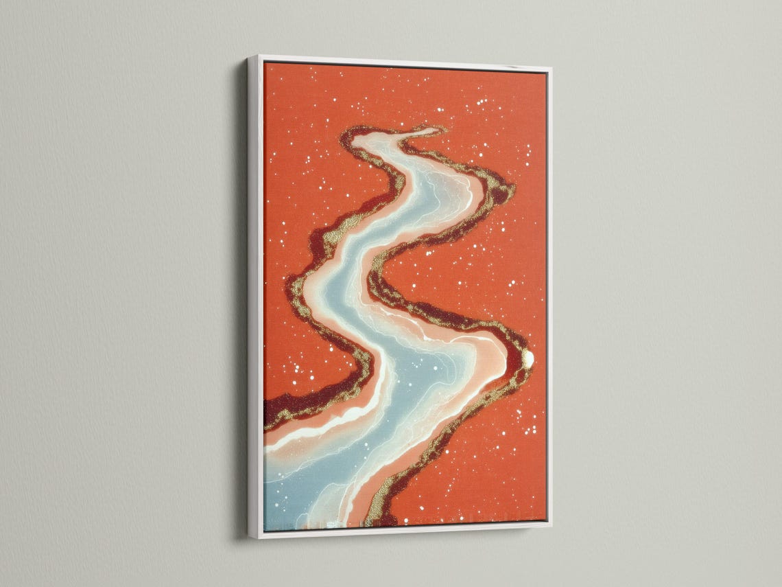 Abstract river ribbon in pale blue and cream with gold speckles over a terracotta background detail view