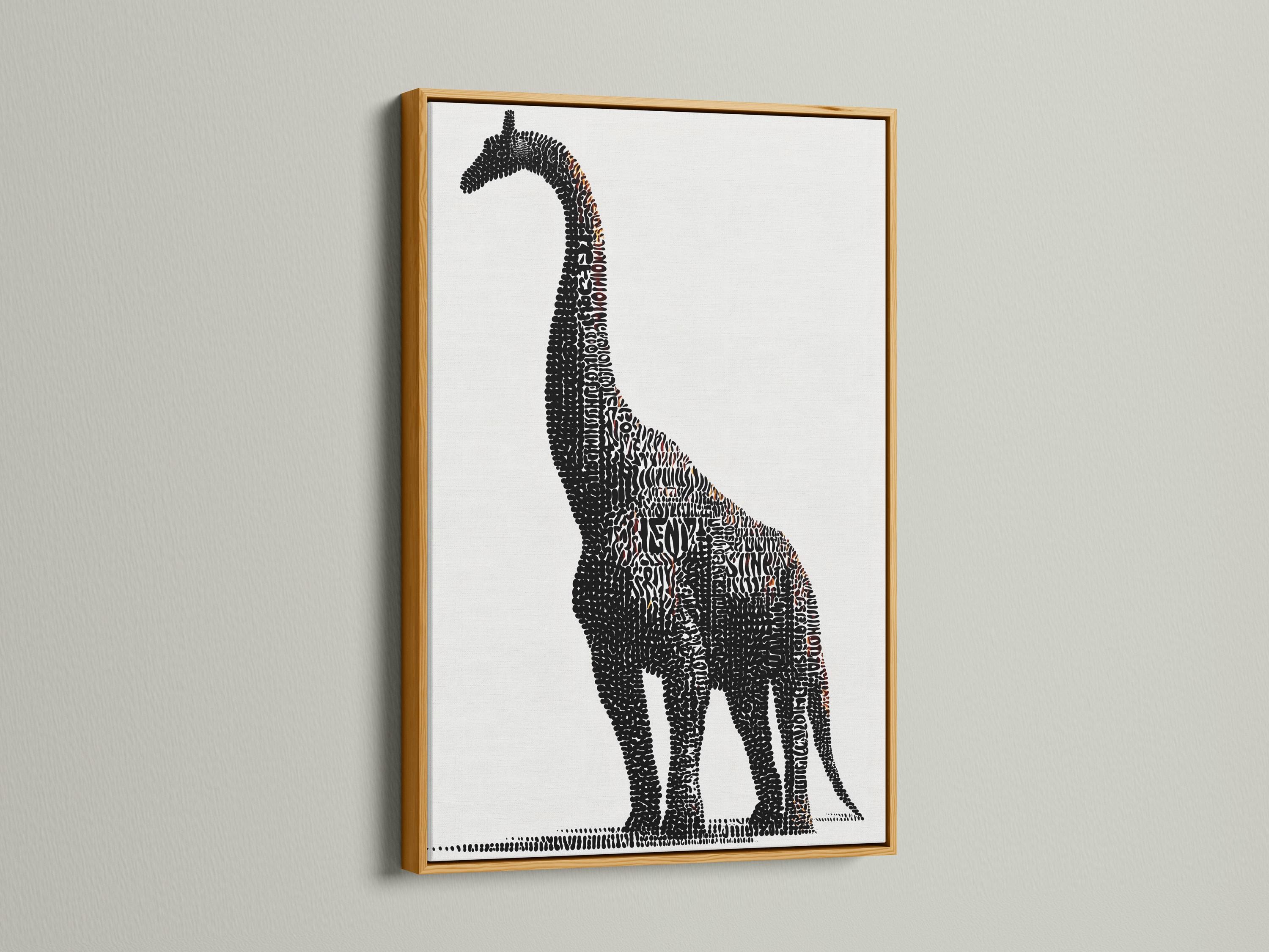 Brontosaurus silhouette made of dense black dots with small terracotta accents on a light background detail view