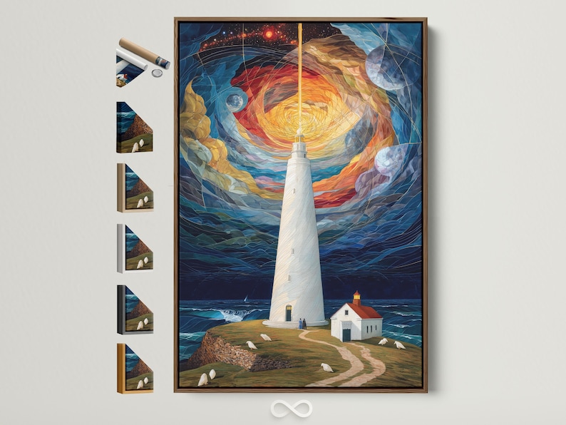 Lighthouse on a coastal shore under a swirling starry sky with glowing warm light