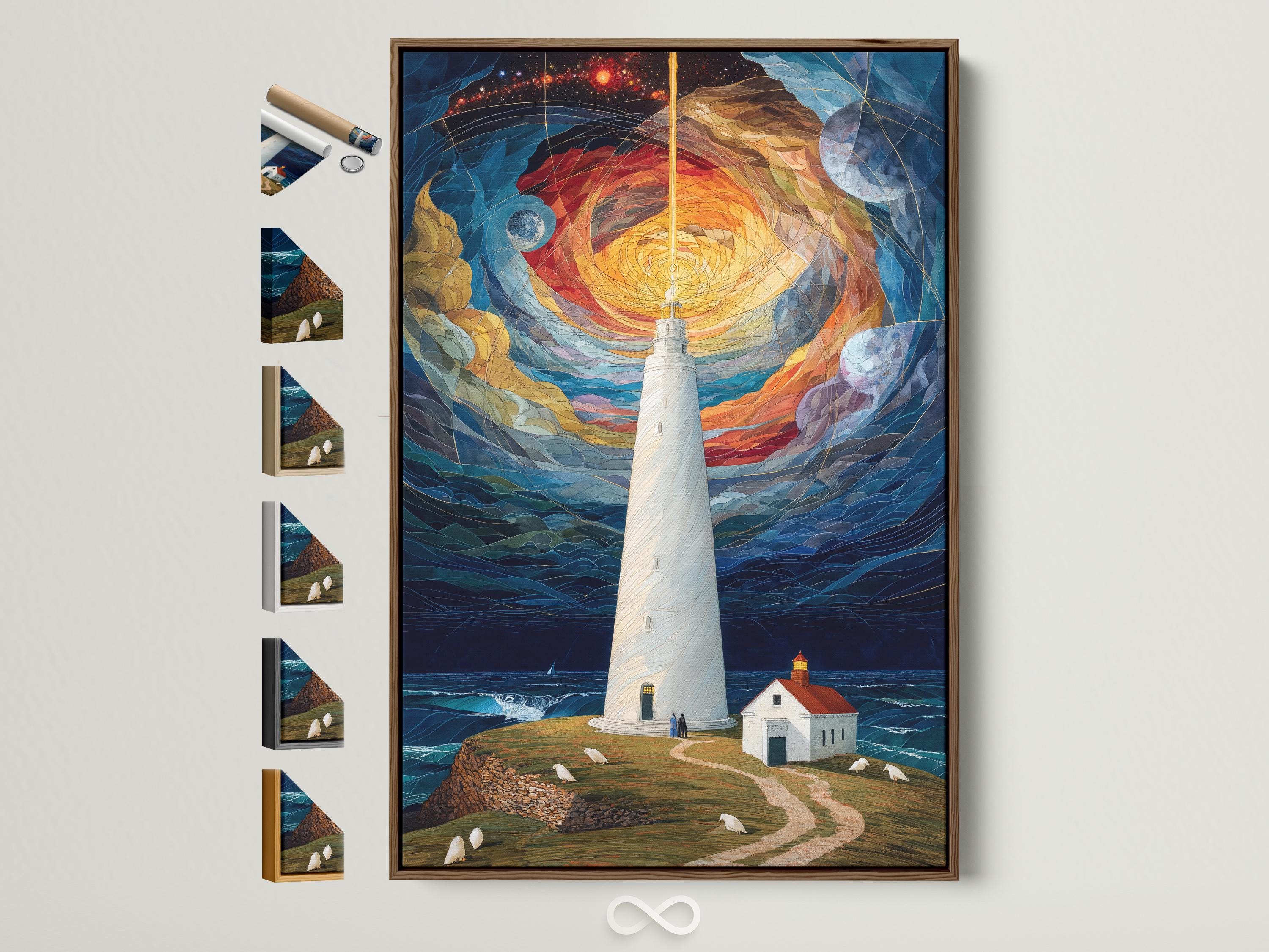 Lighthouse on a coastal shore under a swirling starry sky with glowing warm light