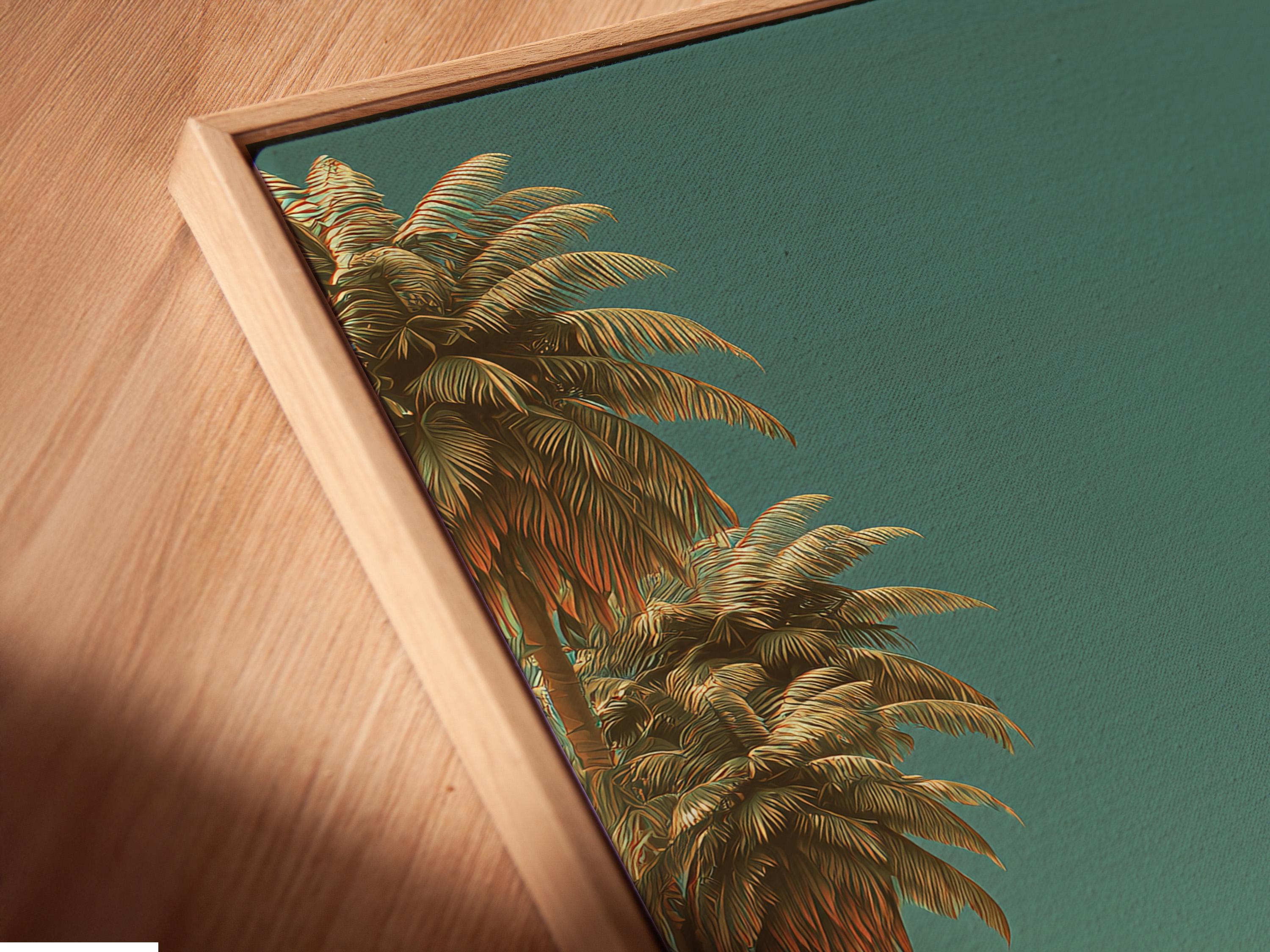 Mockup showing a framed tropical beach artwork on a wall