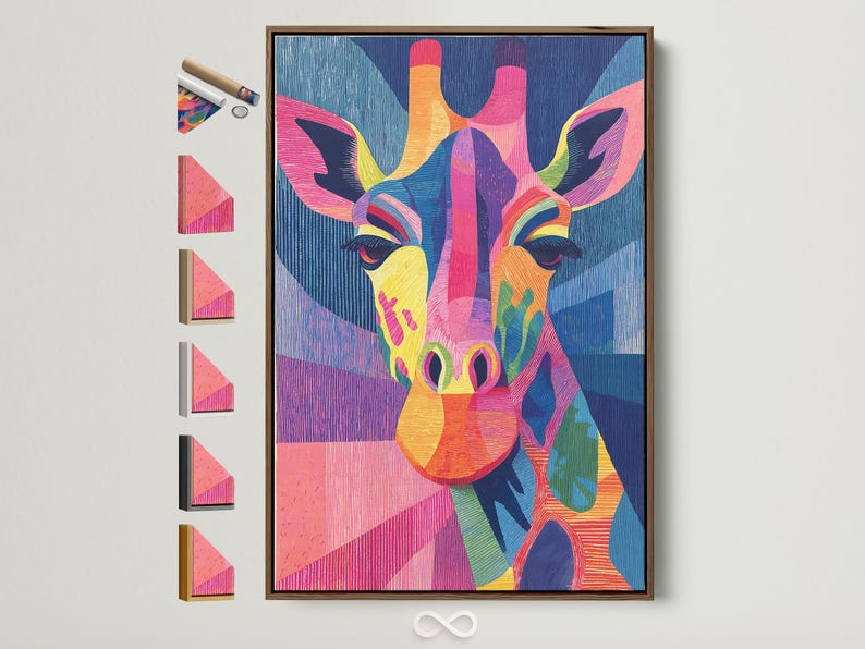 Stylised rainbow giraffe portrait with textured blue, pink and purple geometric background
