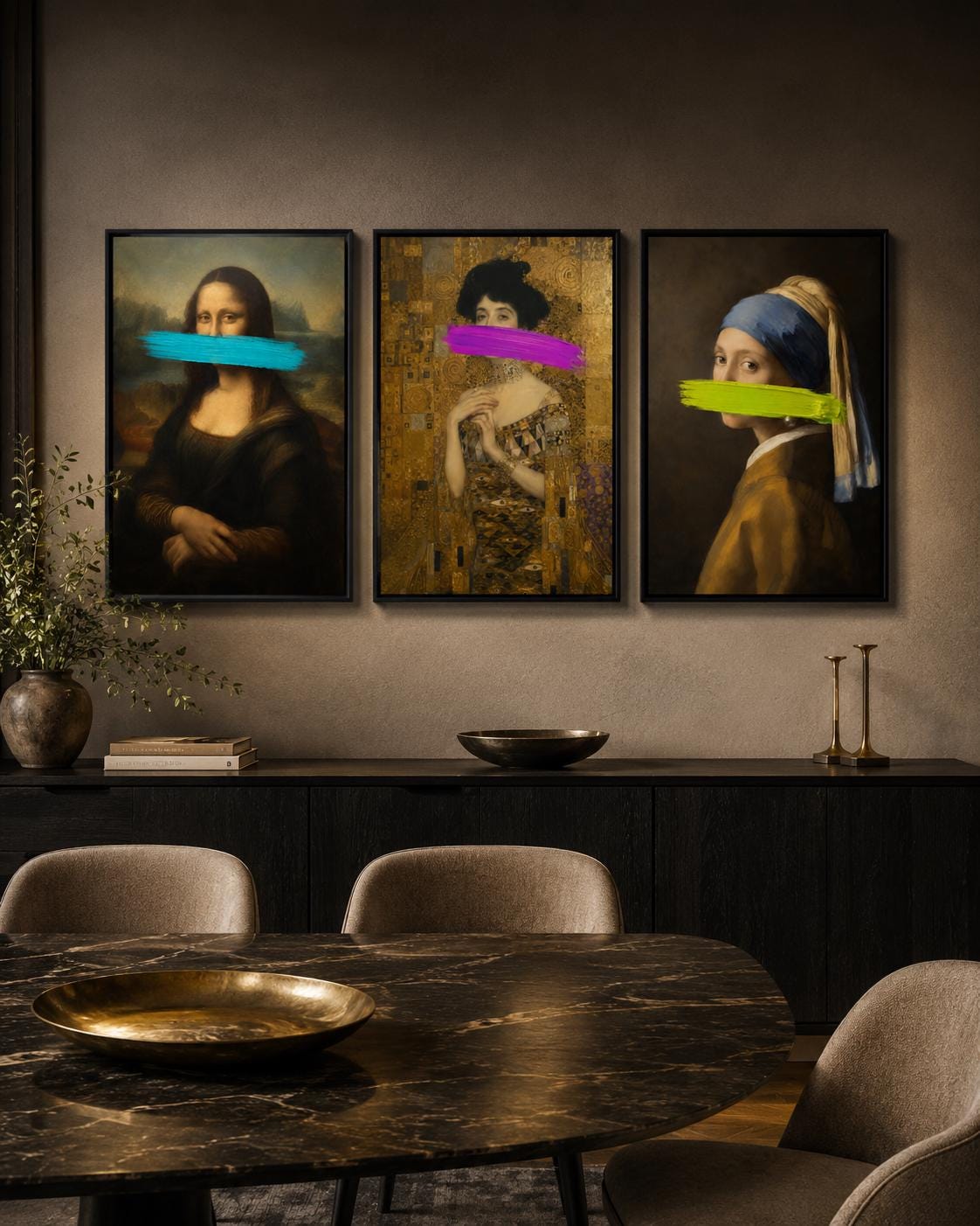 Wall mockup showing three framed neon portrait artworks above a sofa, with text on the mockup