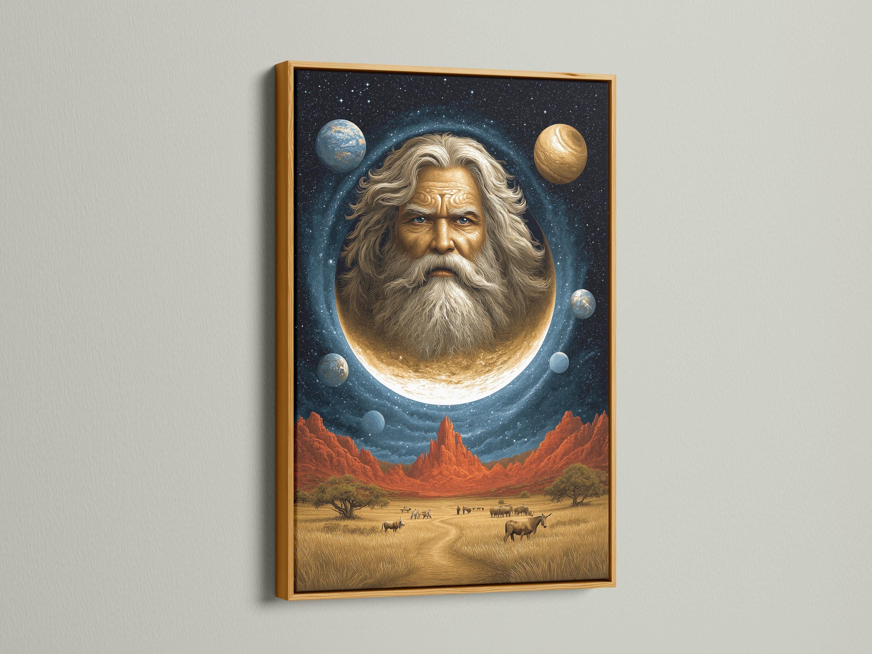 Room mockup showing a framed surreal celestial portrait with a glowing moon and desert landscape