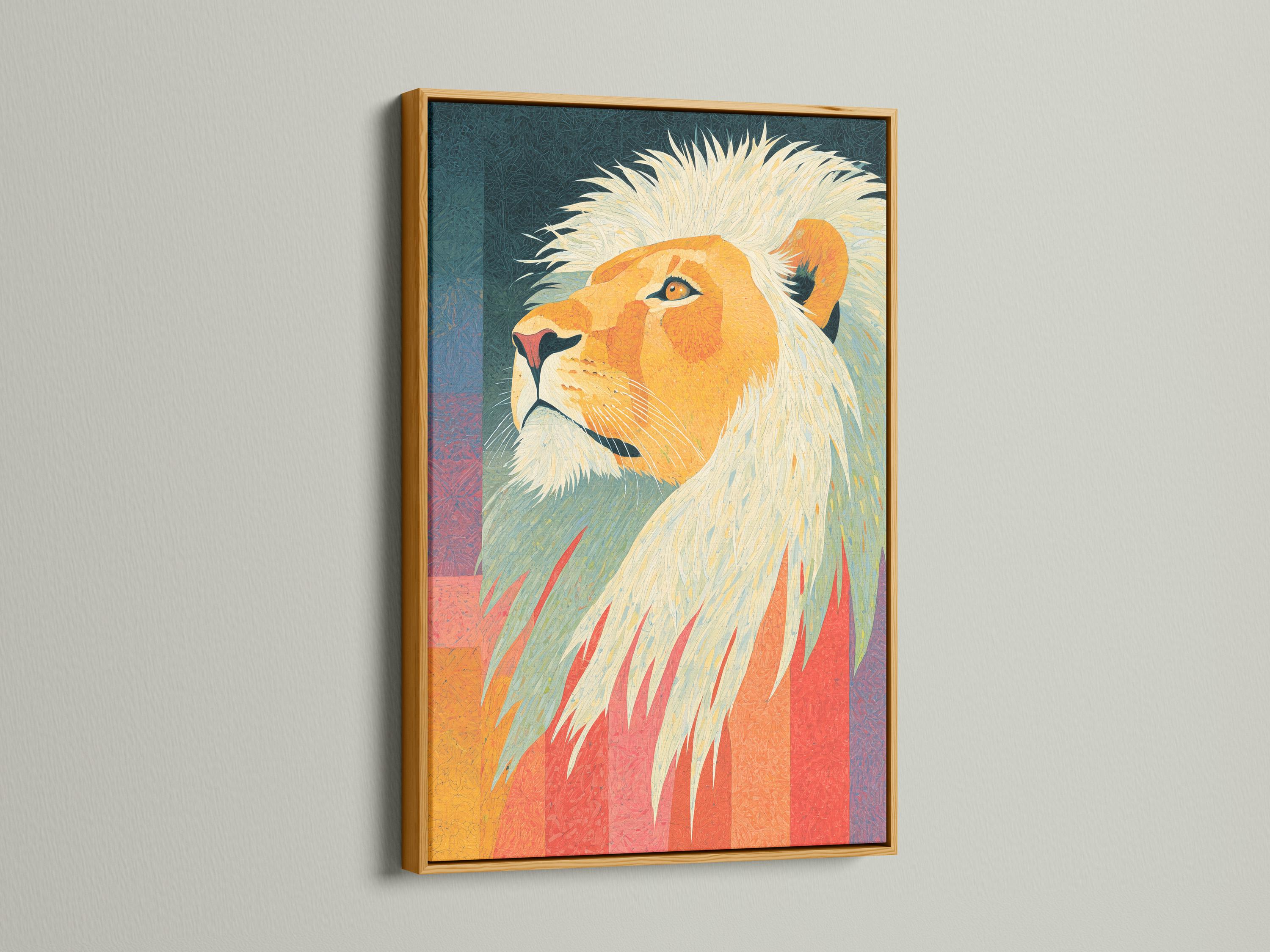 A lion portrait is shown in bright golden ochres with pale cream mane, set against a teal and sunset-coloured geometric background detail view