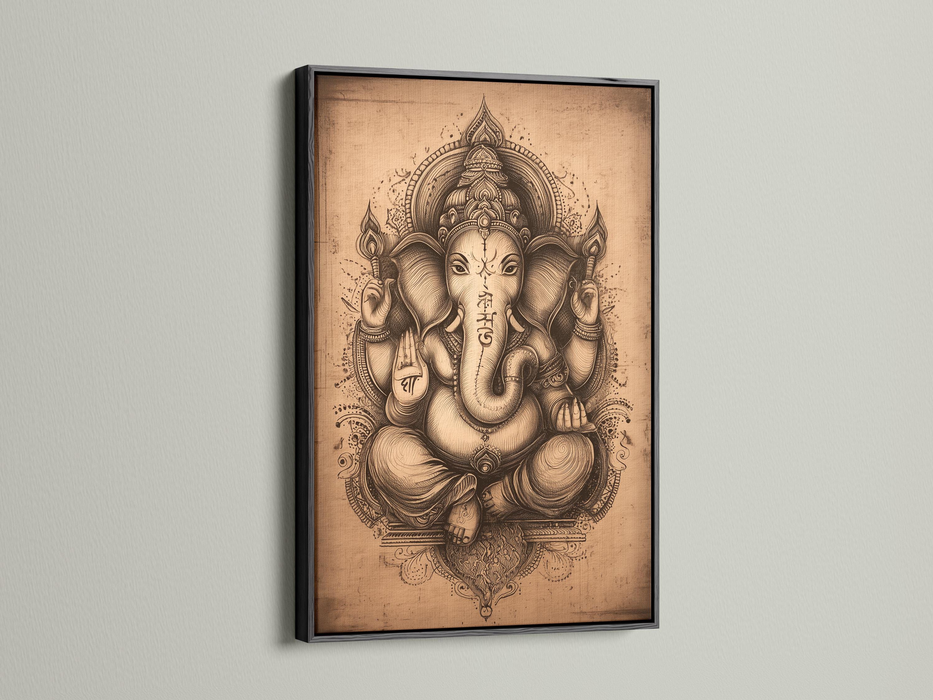Vintage elephant-headed deity illustration with ornate halo on a beige background detail view