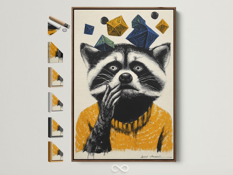 Stylised raccoon portrait with black and white fur, mustard yellow texture, and floating navy geometric shapes