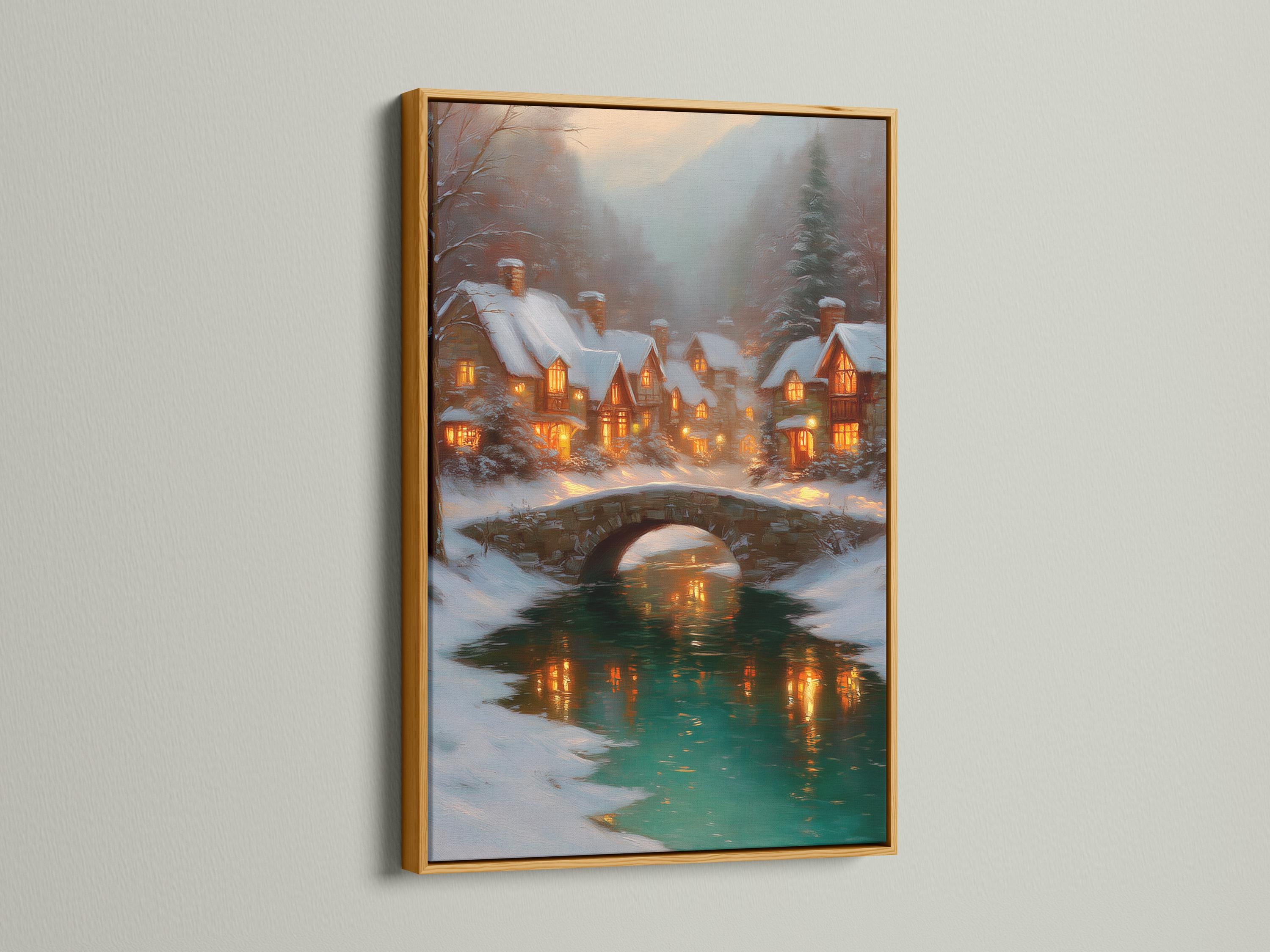 Snowy village scene with warm-lit cottages, an arched bridge and teal river reflections detail view