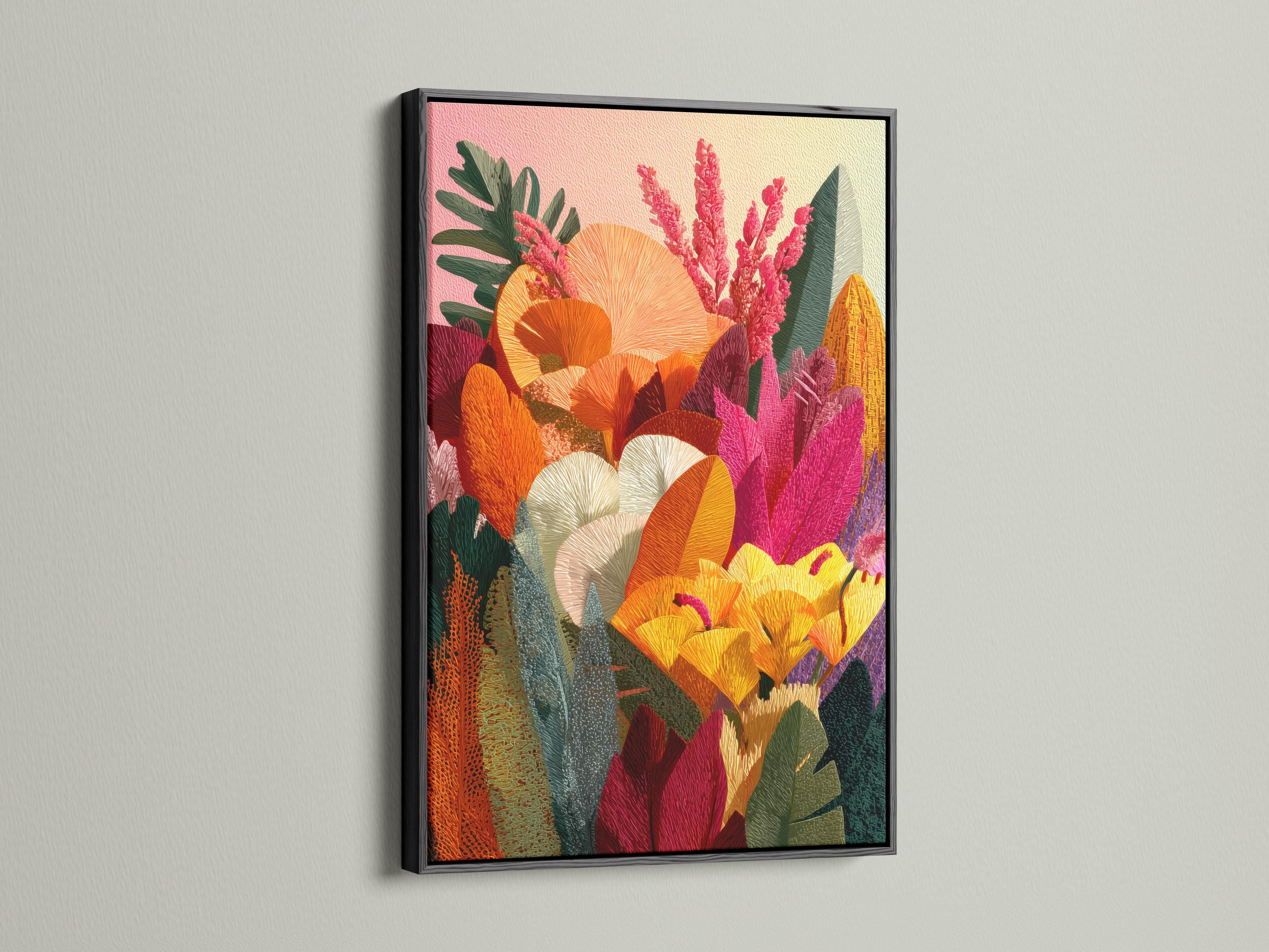 Colourful floral botanical artwork with orange and yellow blossoms, pink flowering spikes and green leaves detail view