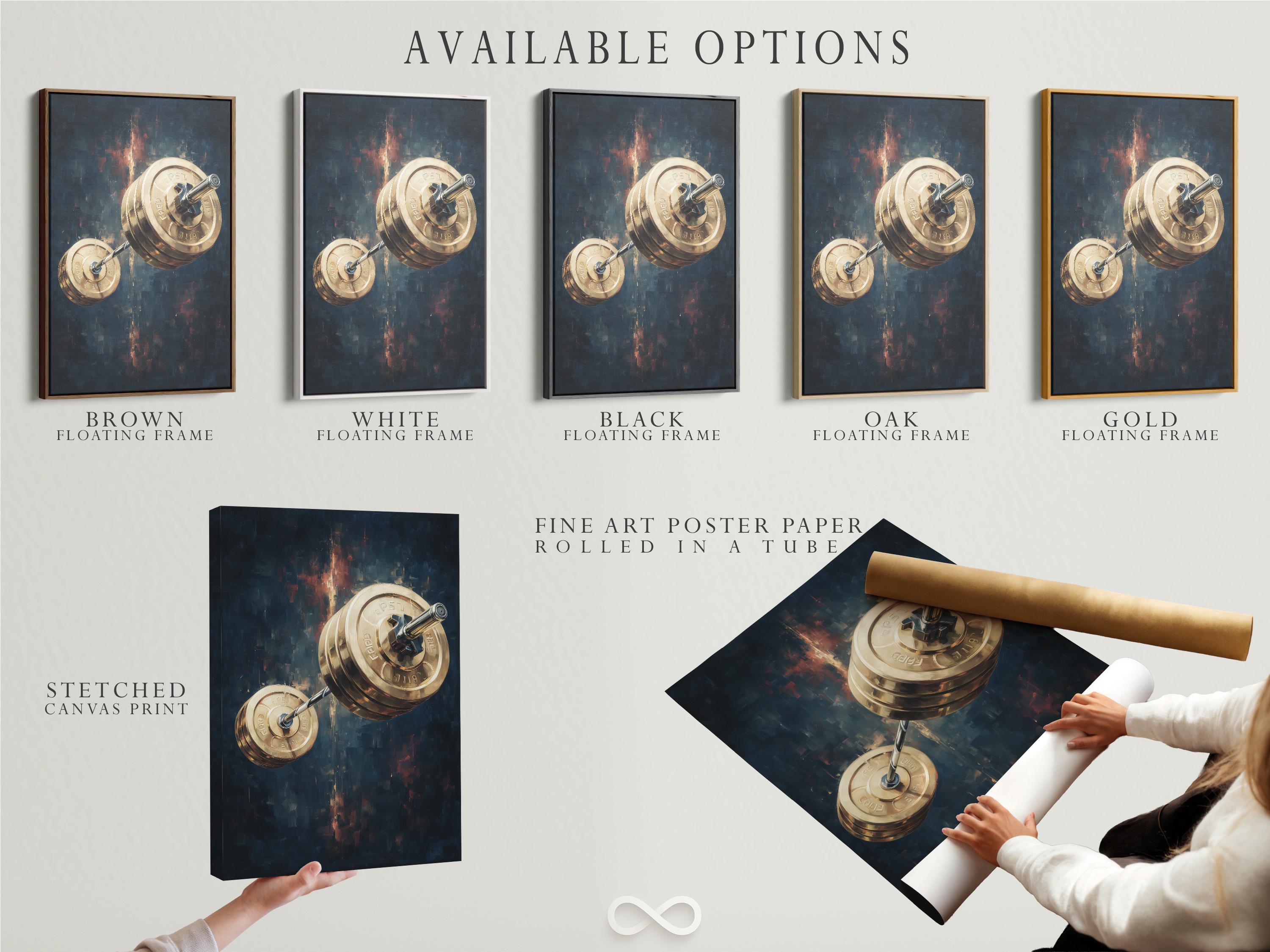 A man standing near a framed gold barbell artwork in a gym-like interior